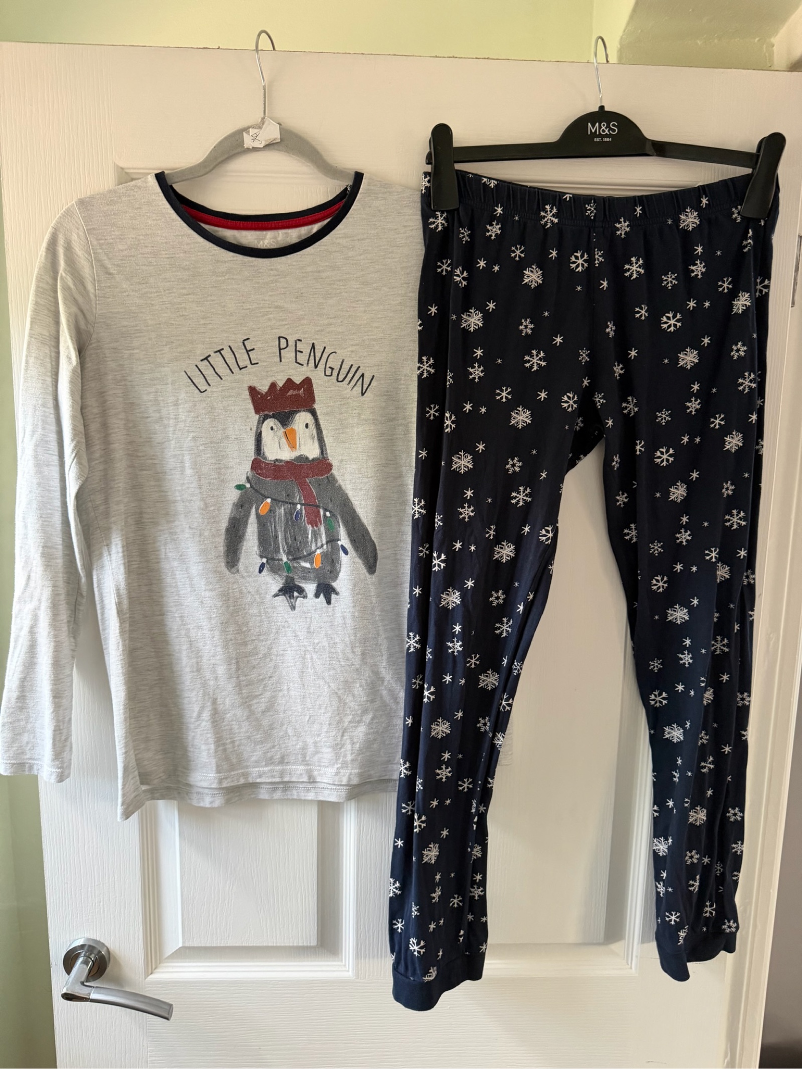 M&S Kids' Navy & Grey Penguin Print Pyjama Set Age 13-14