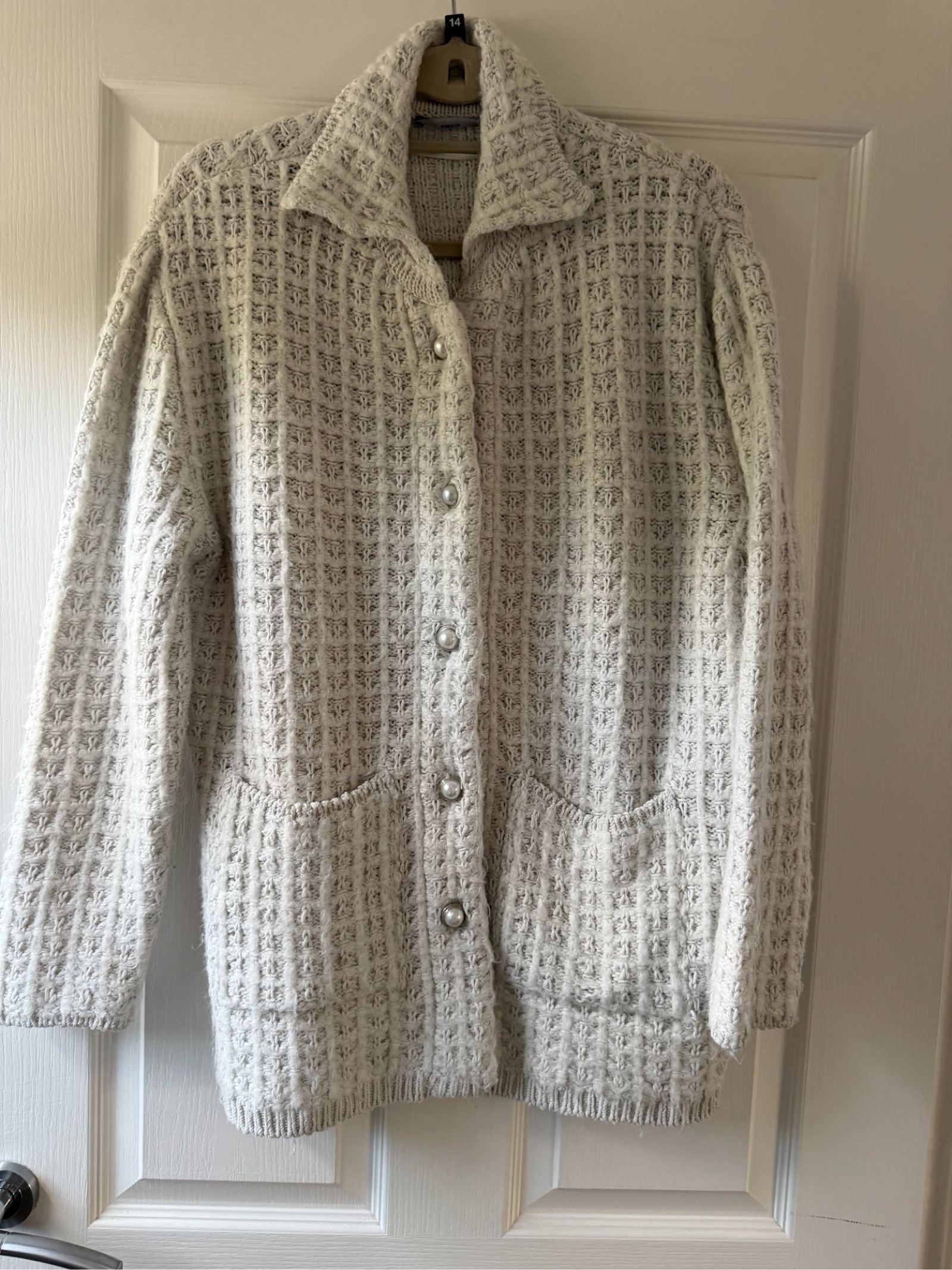 MNG Women's Cream Textured Button Front Cardigan Medium