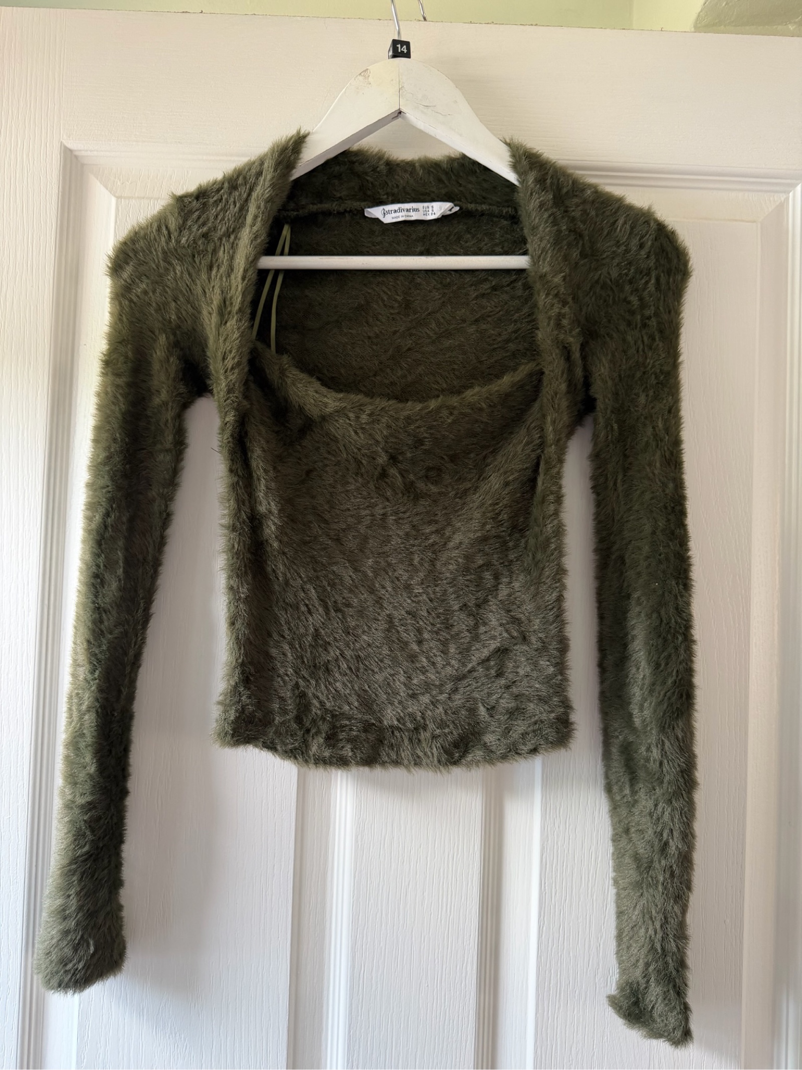 Stradivarius Women's Khaki Faux Fur Long Sleeve Top Size 14