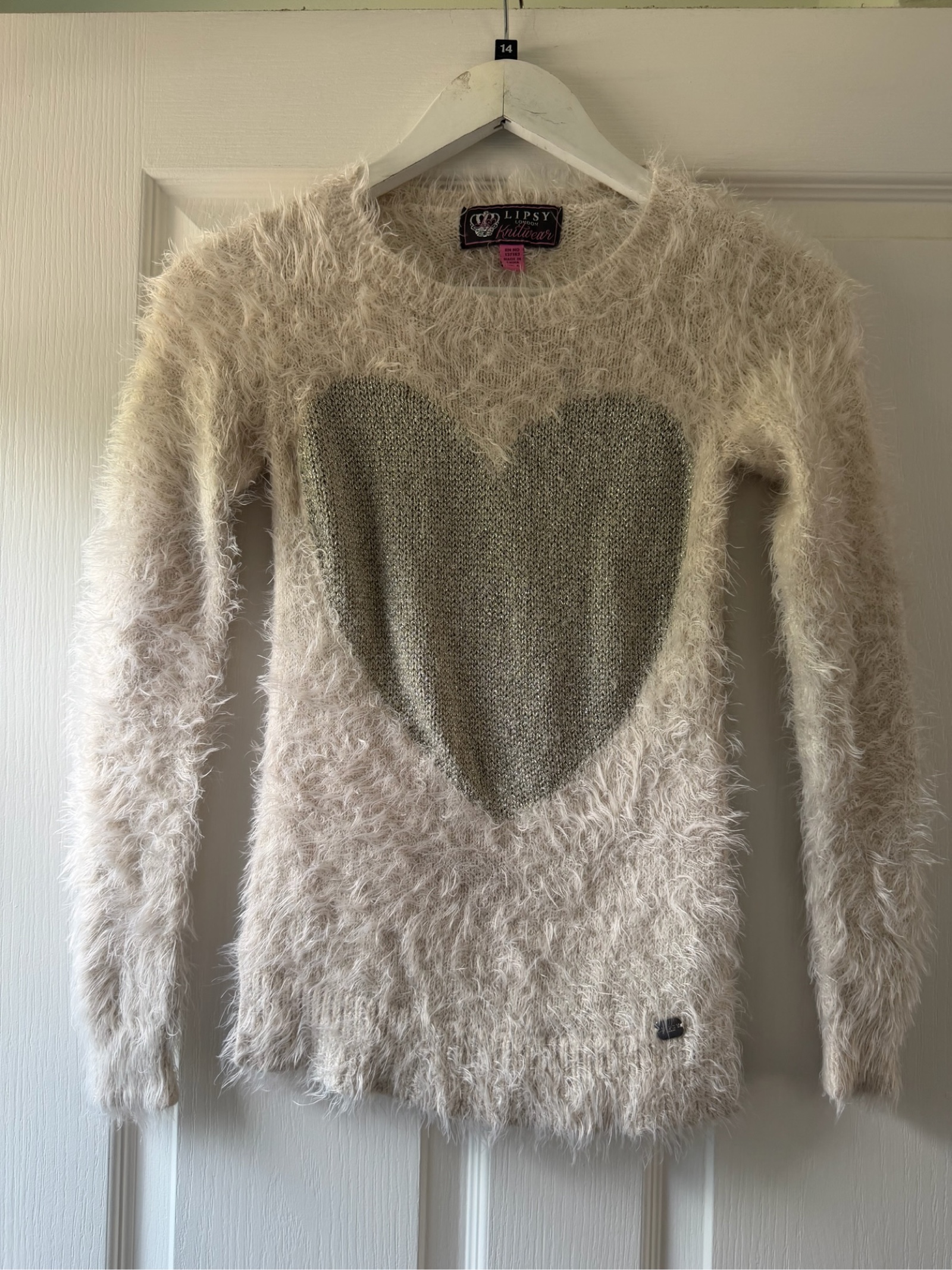 Lipsy Cream & Grey Heart Detail Fuzzy Knit Jumper UK 6