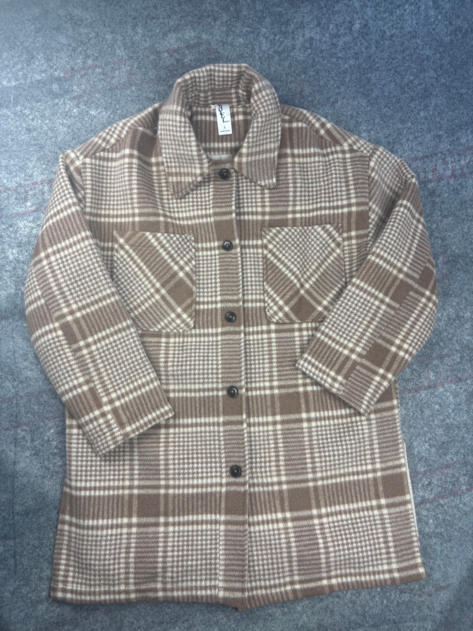 Violet Romance Beige & Brown Checked Shacket Coat Large
