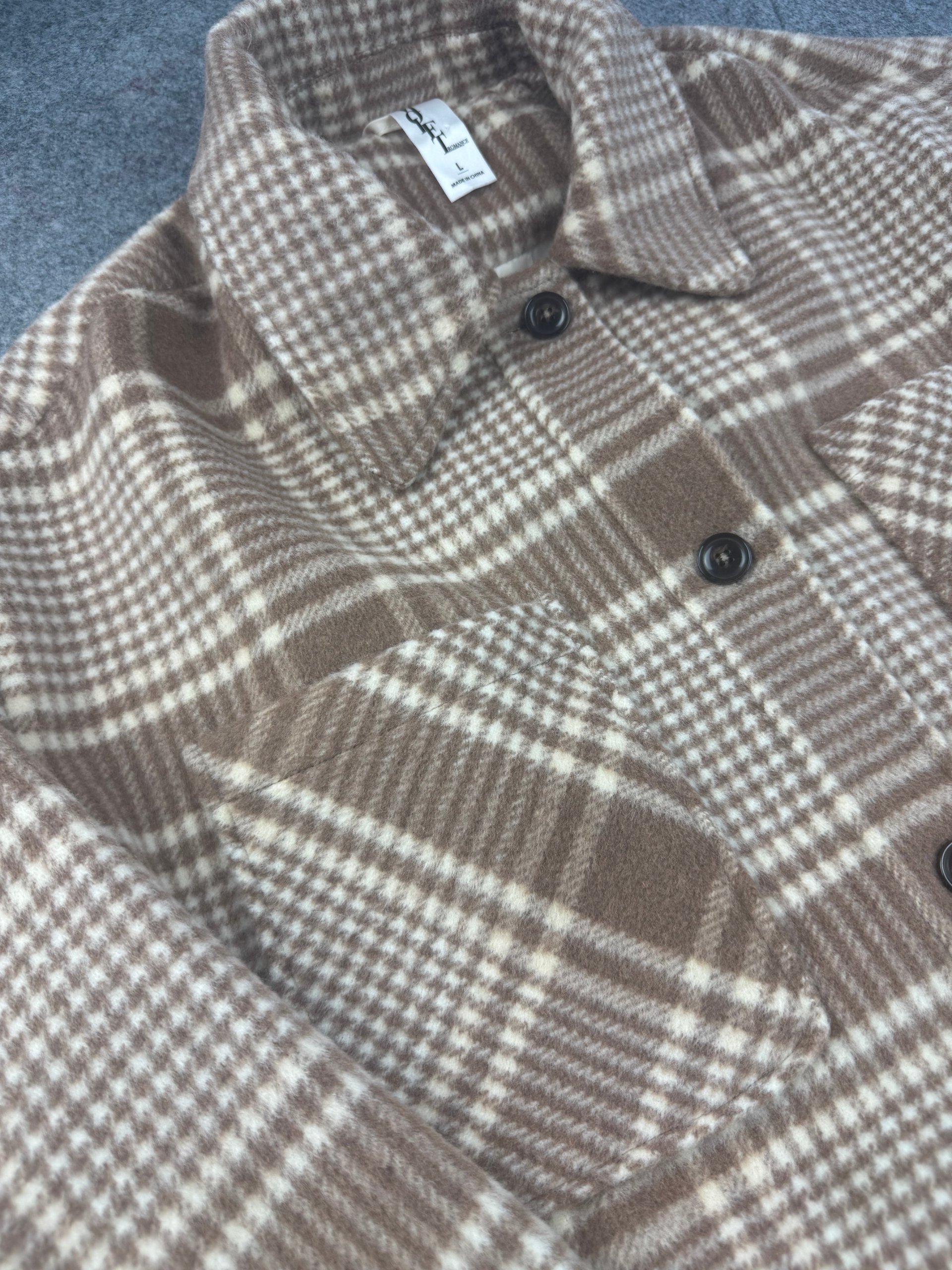 Violet Romance Beige & Brown Checked Shacket Coat Large image 7