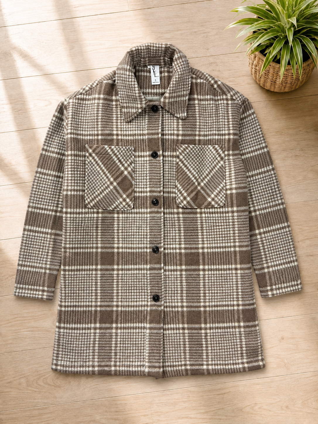 Violet Romance Beige & Brown Checked Shacket Coat Large image 9