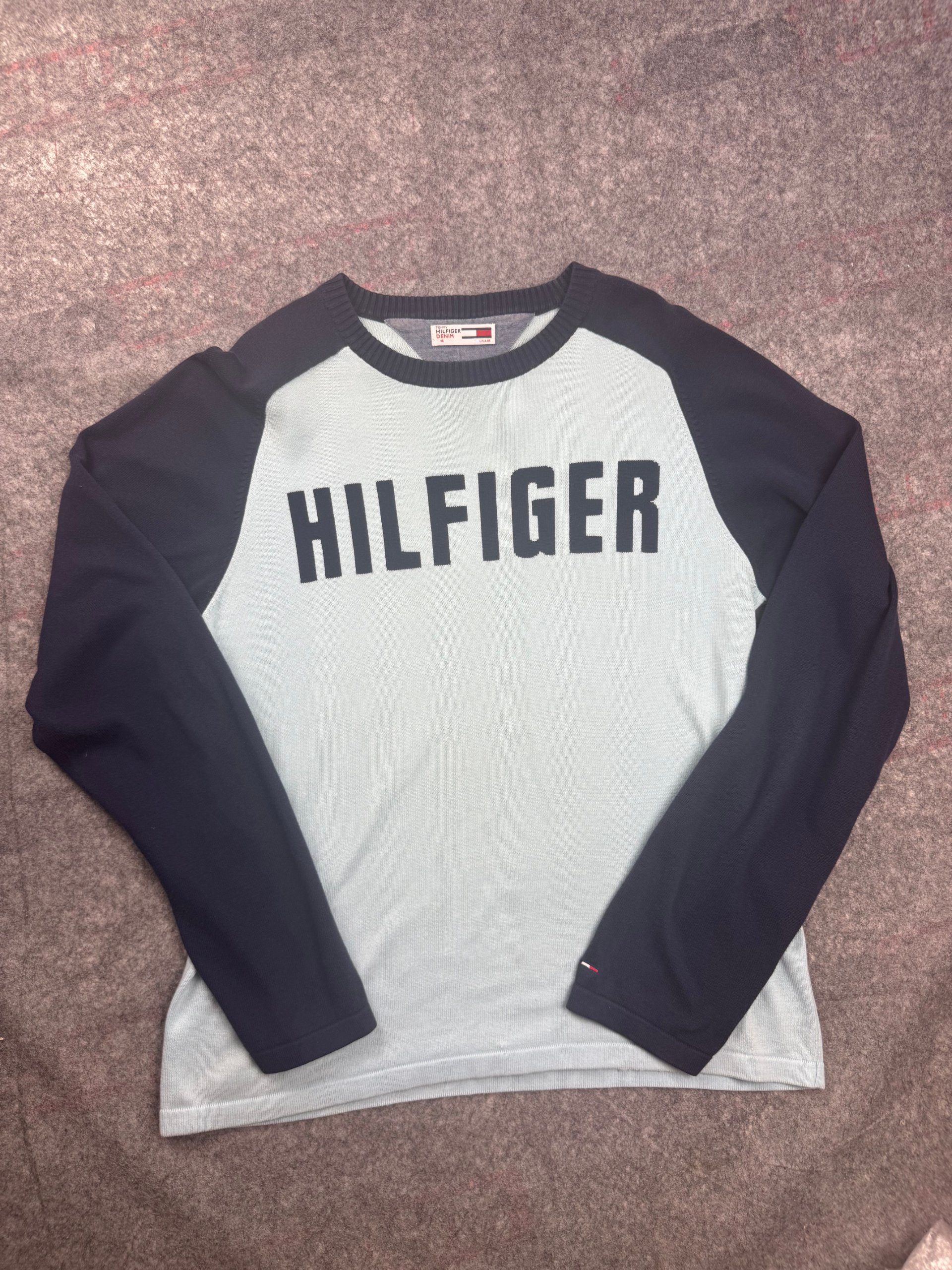 Tommy Hilfiger Light Blue & Navy Raglan Knit Jumper Men’s M