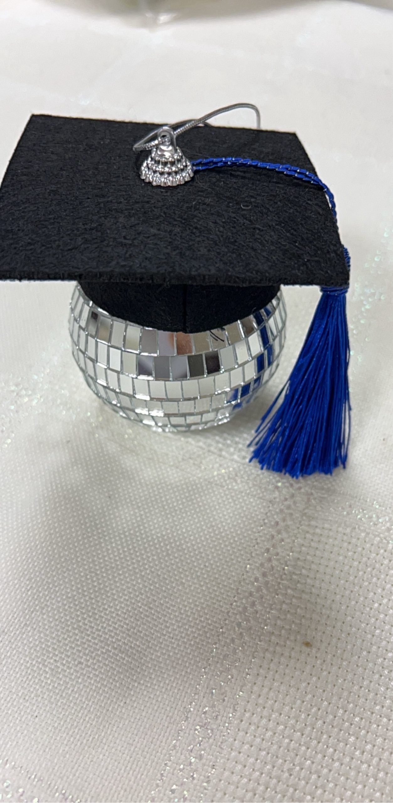 Graduation Cap Blue Tassel Mini Disco Ball Ornament