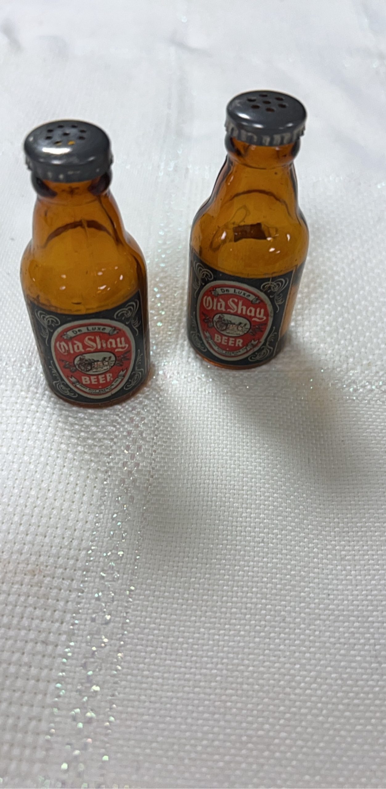 Old Shay Amber Glass Beer Bottle Salt & Pepper Shakers