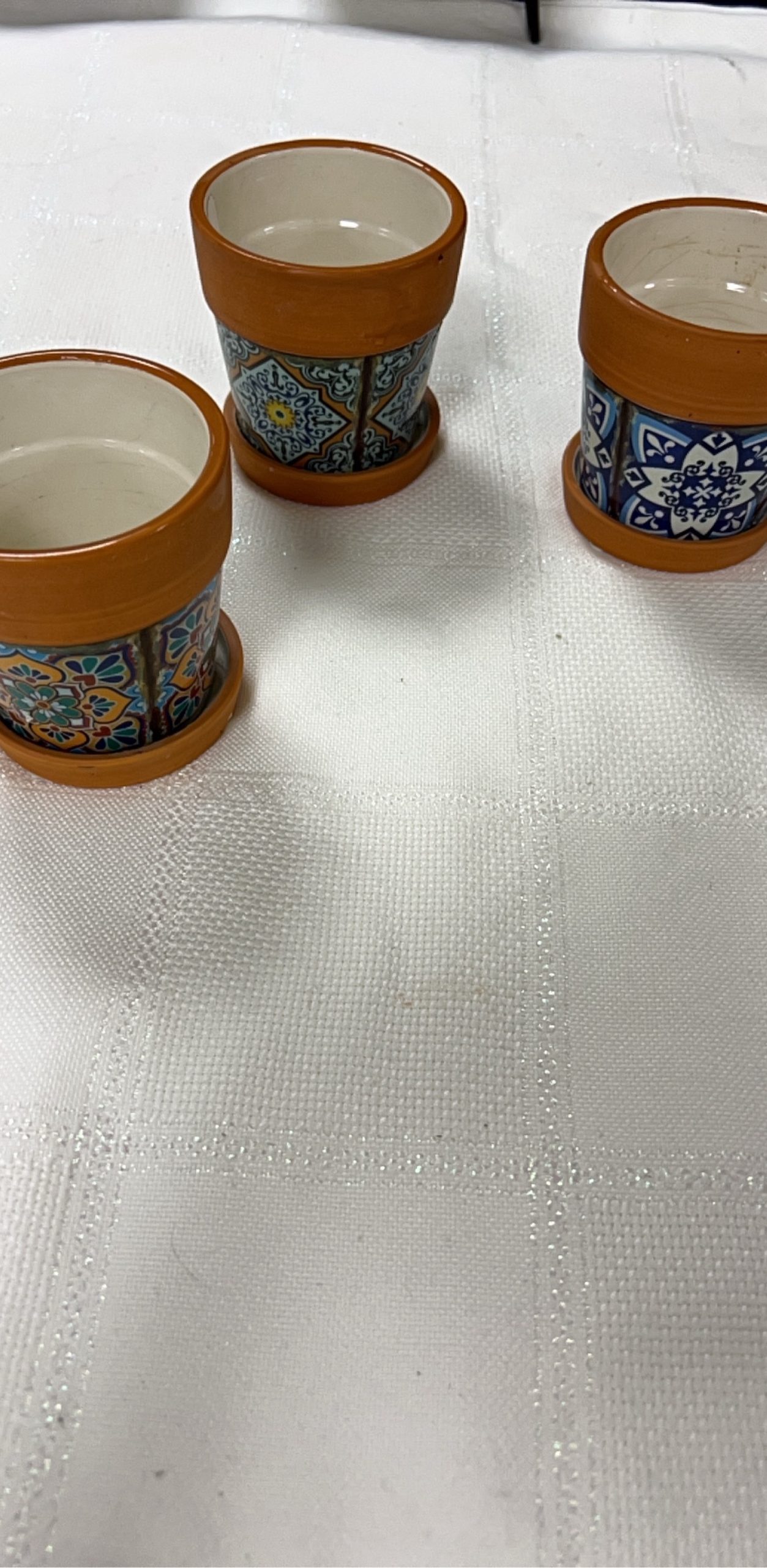Mediterranean Style Ceramic Mini Planters Set of 3 Terra Cotta & Blue