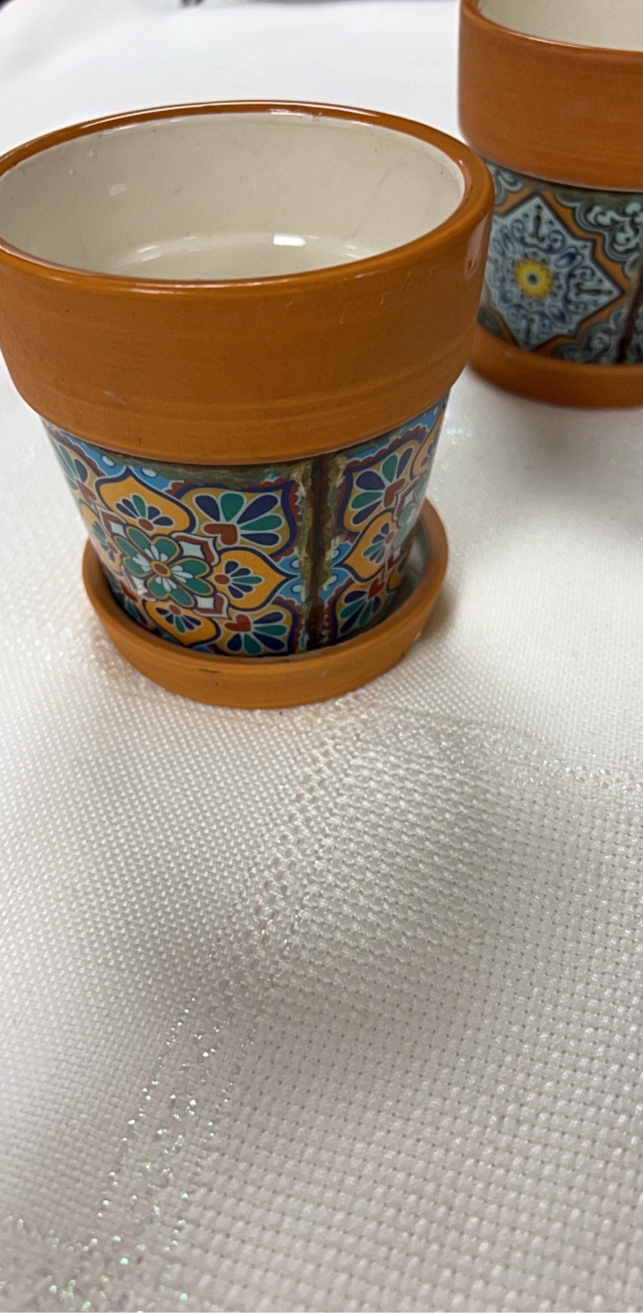 Mediterranean Style Ceramic Mini Planters Set of 3 Terra Cotta & Blue image 2