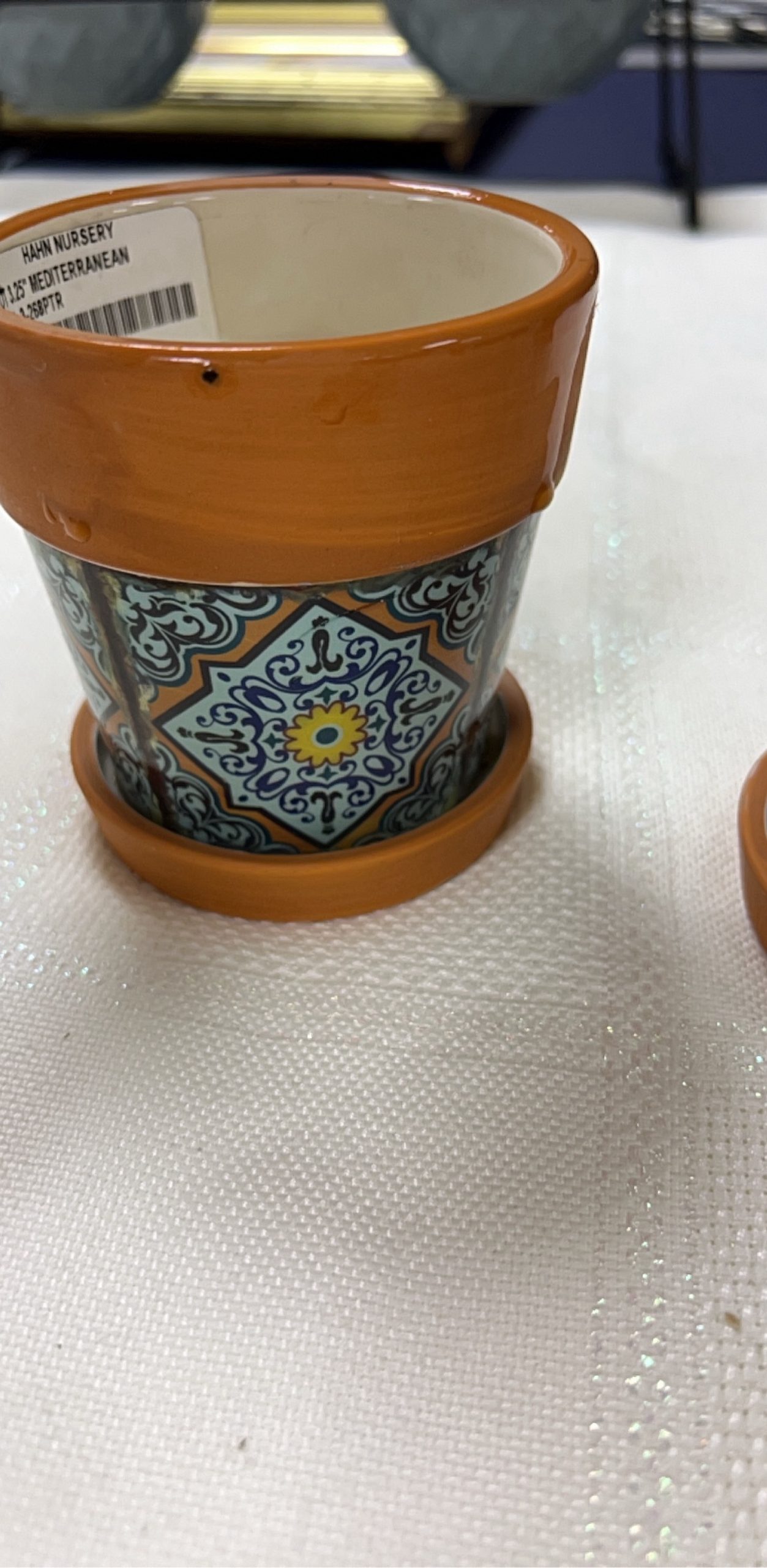 Mediterranean Style Ceramic Mini Planters Set of 3 Terra Cotta & Blue image 3
