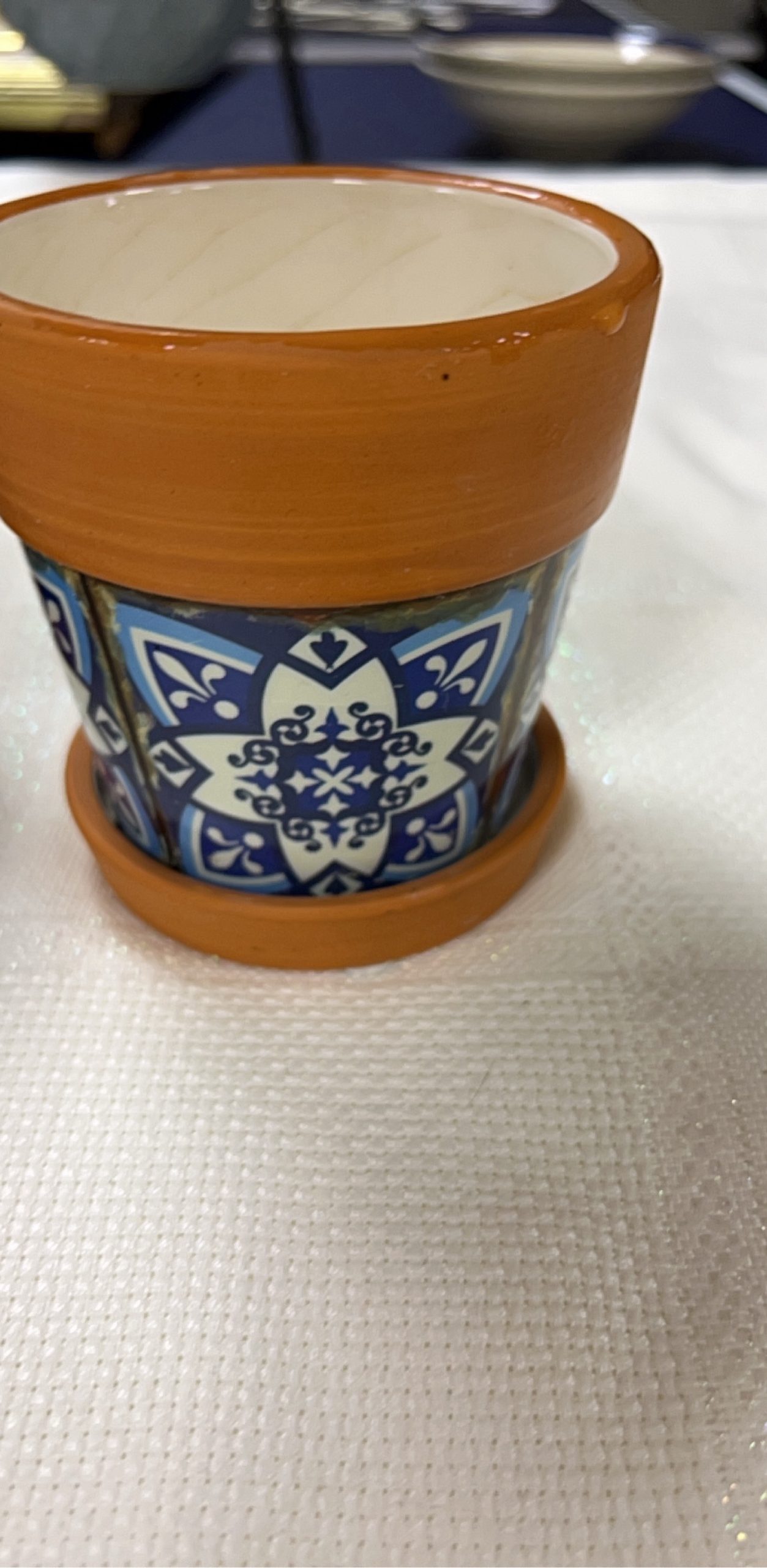 Mediterranean Style Ceramic Mini Planters Set of 3 Terra Cotta & Blue image 4