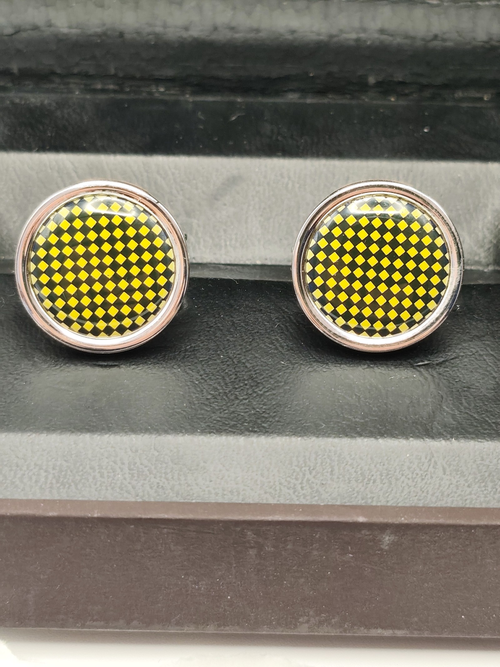 Dunhill Men's Yellow & Black Checkered Silver Tone Cufflinks image 2