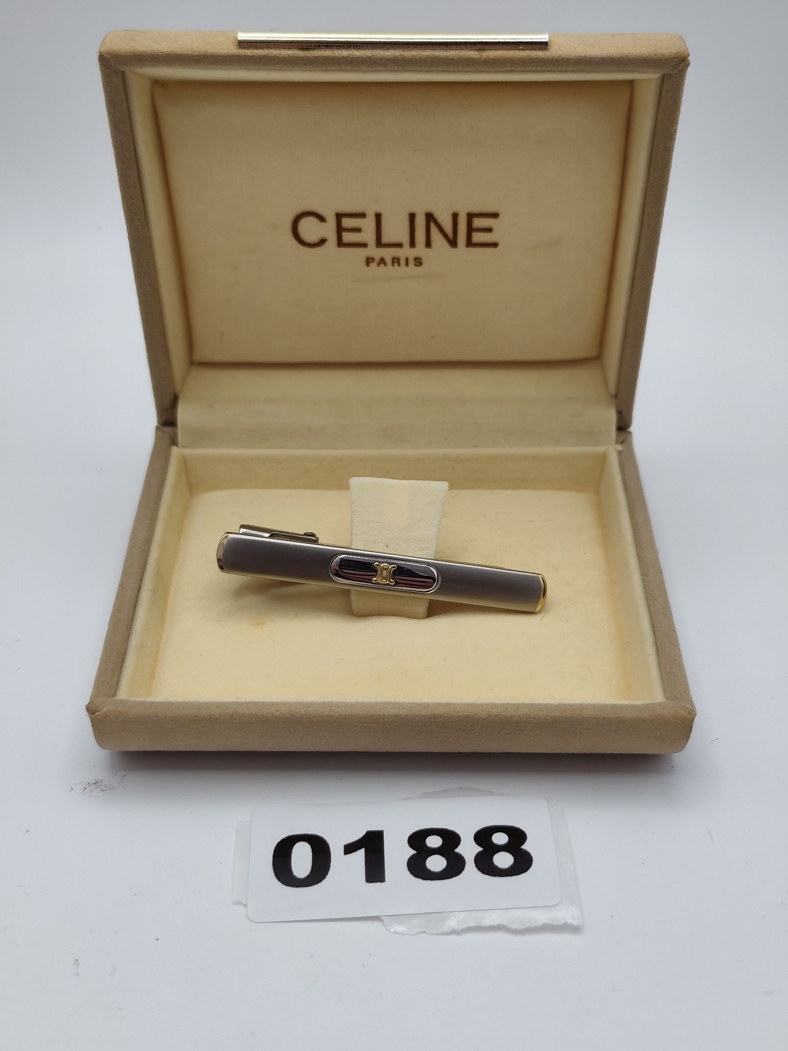 Celine Men's Silver & Gold Tone Tie Clip with Grey Enamel