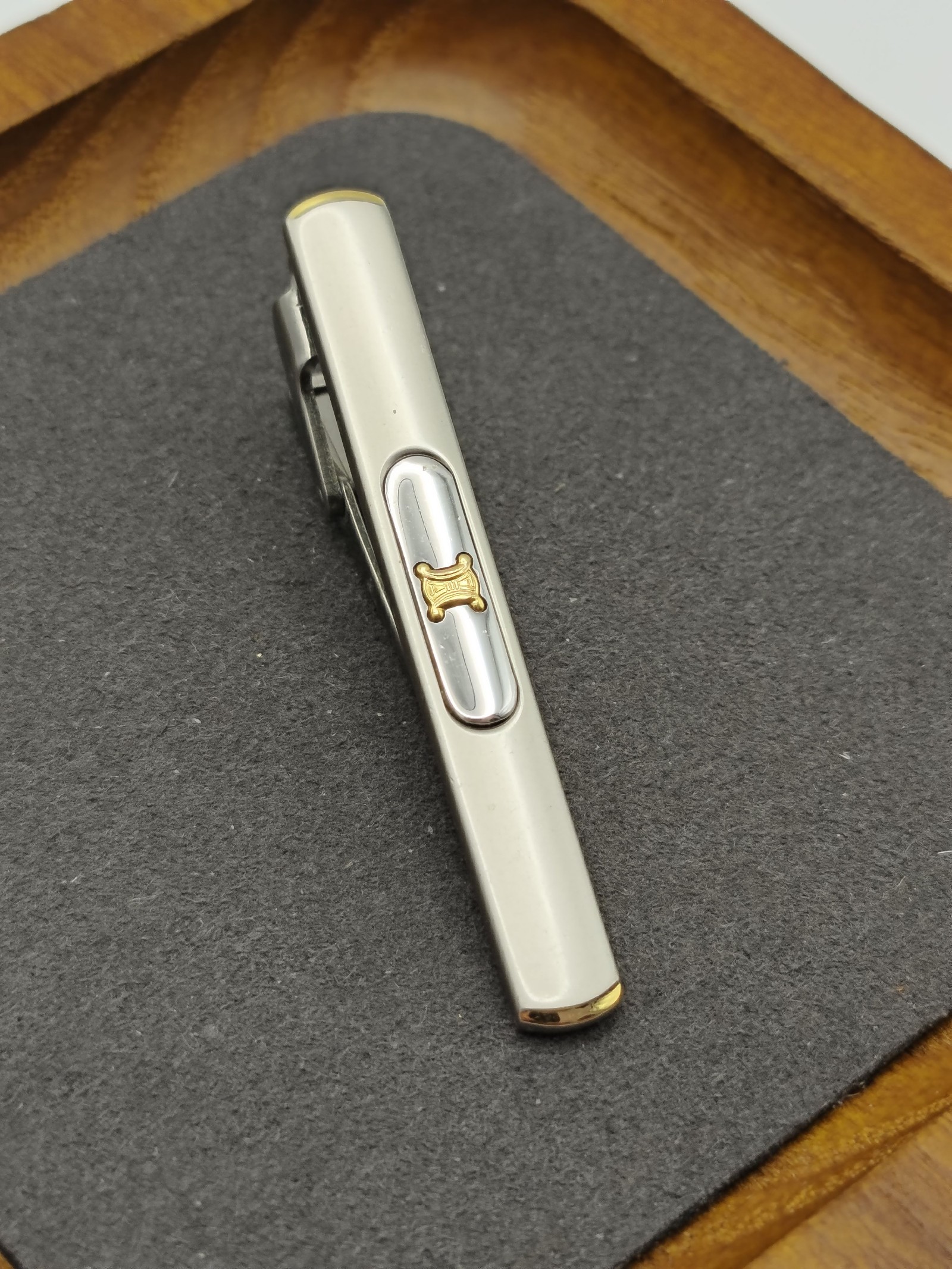 Celine Men's Silver & Gold Tone Tie Clip with Grey Enamel image 3