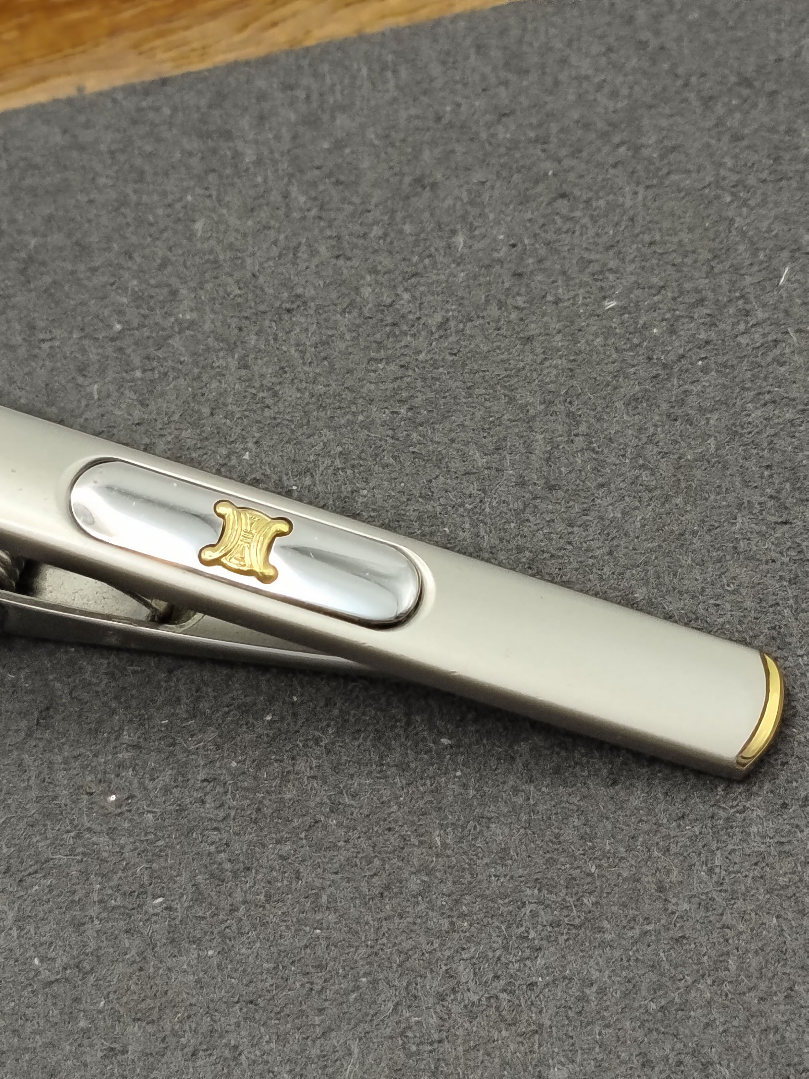 Celine Men's Silver & Gold Tone Tie Clip with Grey Enamel image 4