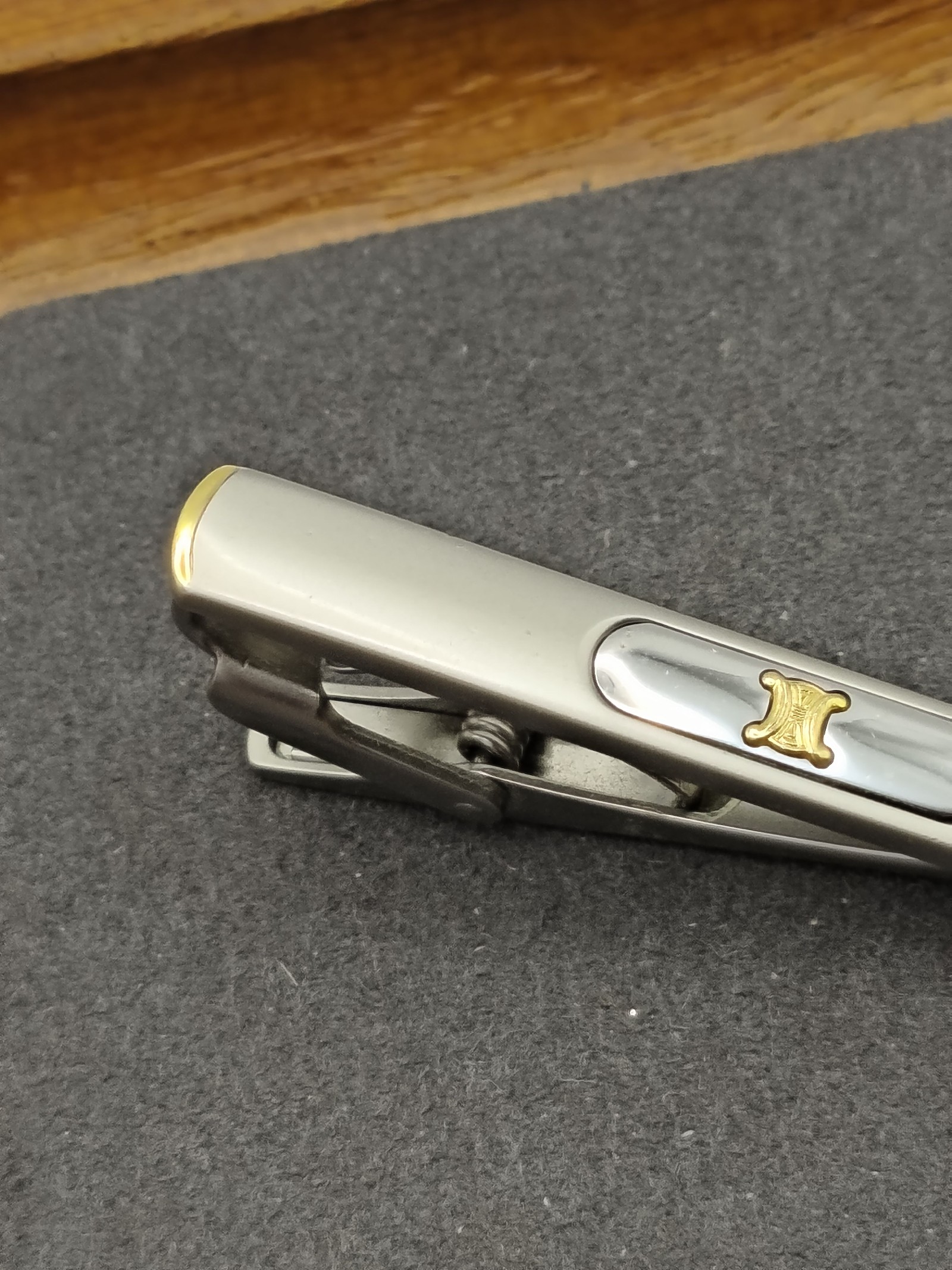 Celine Men's Silver & Gold Tone Tie Clip with Grey Enamel image 5