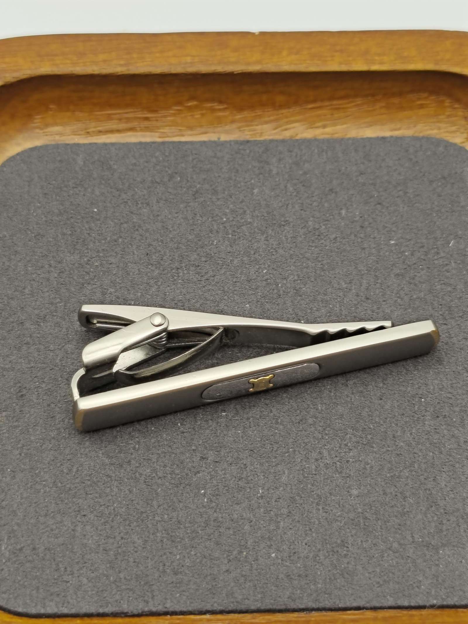 Celine Men's Silver & Gold Tone Tie Clip with Grey Enamel image 7