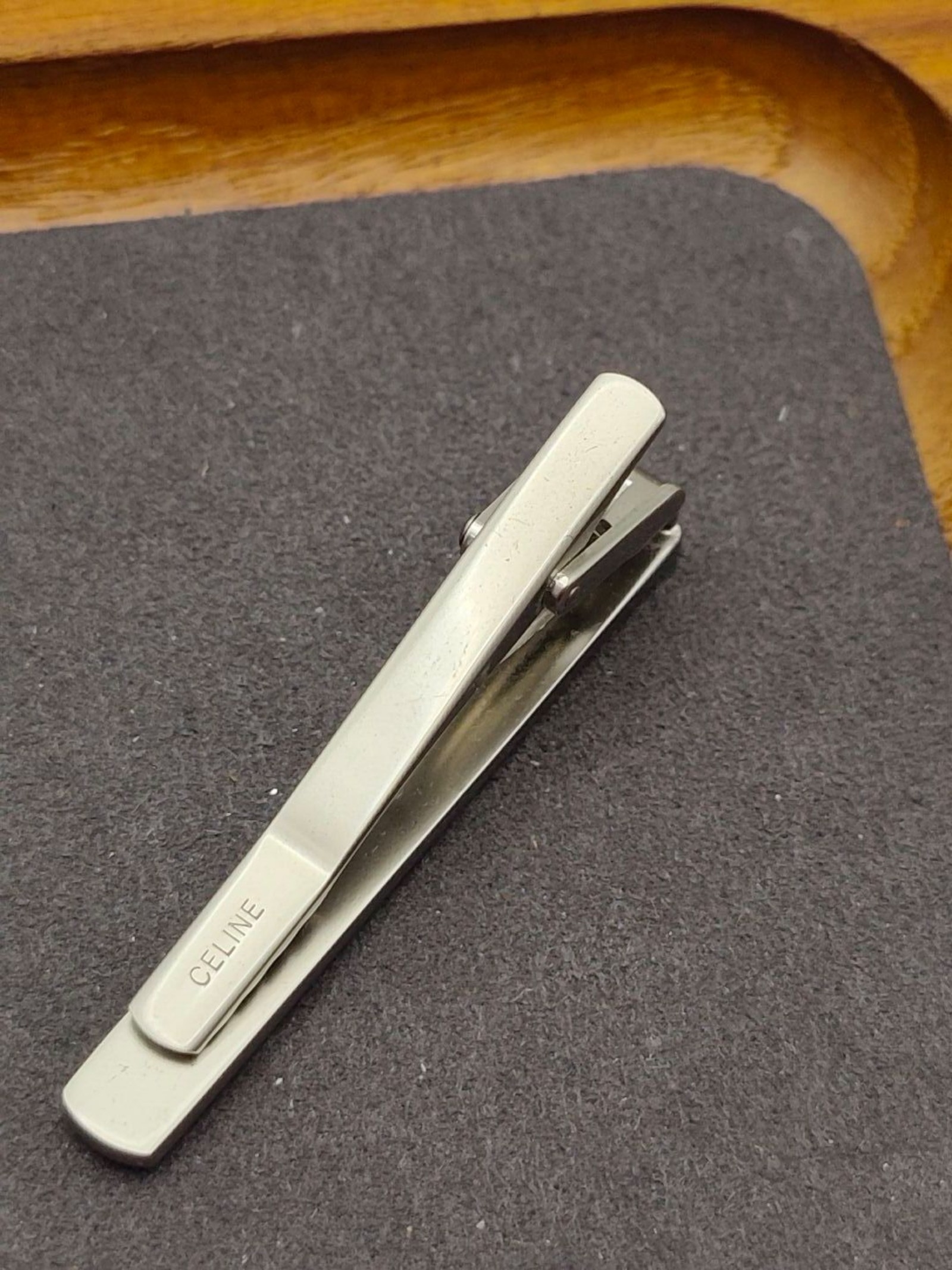 Celine Men's Silver & Gold Tone Tie Clip with Grey Enamel image 9