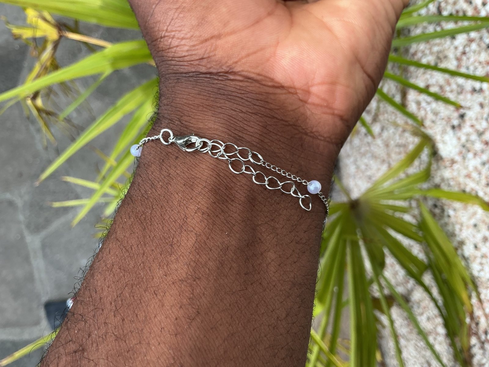 Silver Chain Bracelet with White Beads Unisex image 2