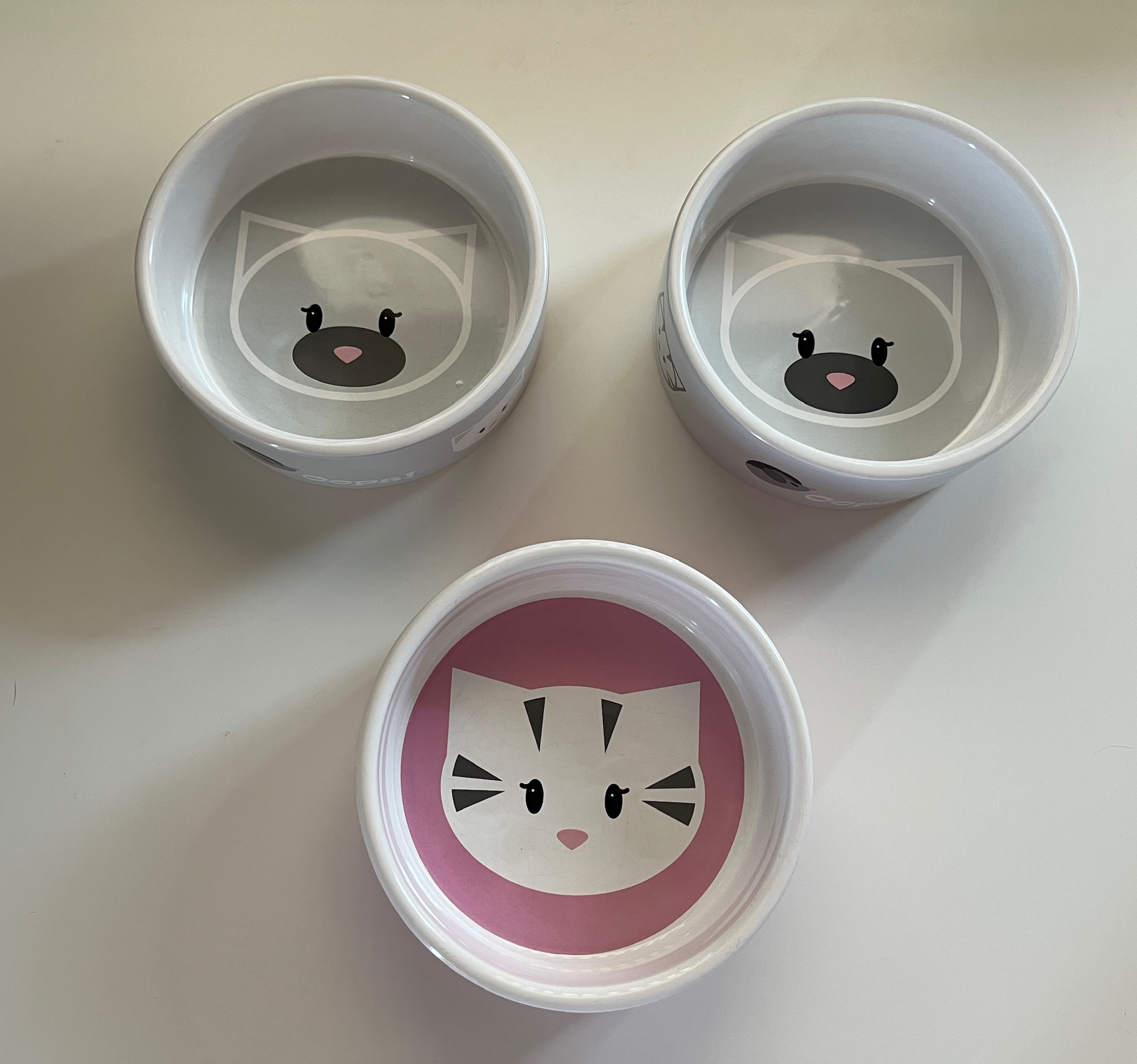 Oops! Cat White & Grey & Pink Ceramic Pet Bowls Set of 3