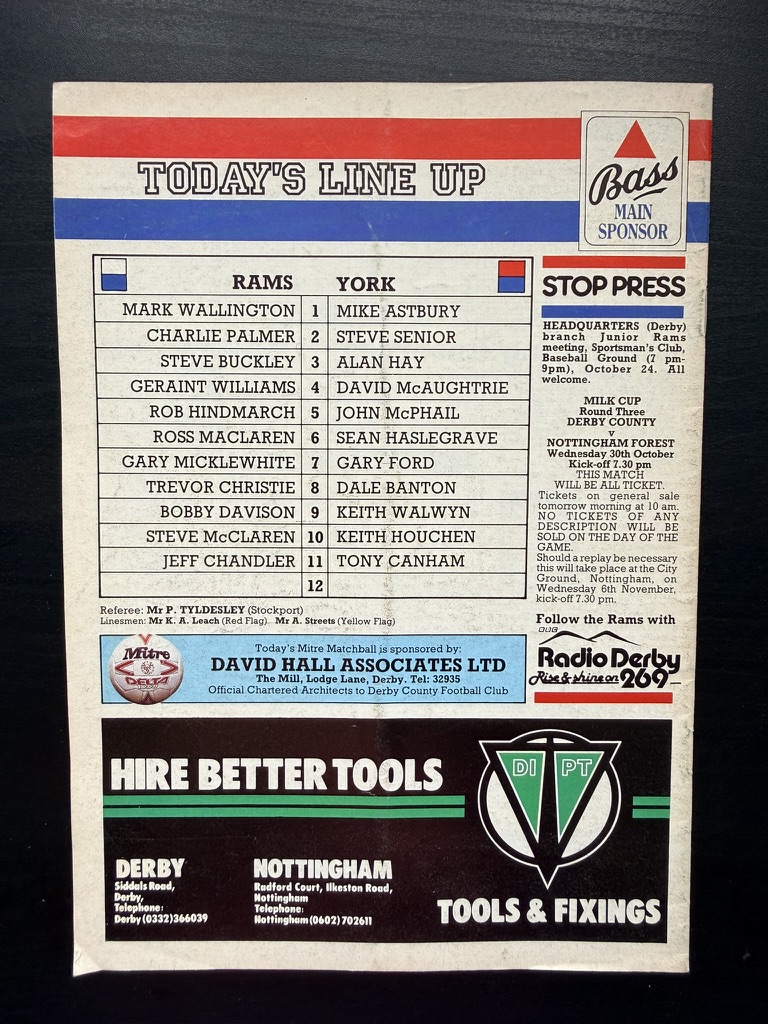 Derby County Official RAM Matchday Magazine Issue 9 Oct 1985 York City image 2