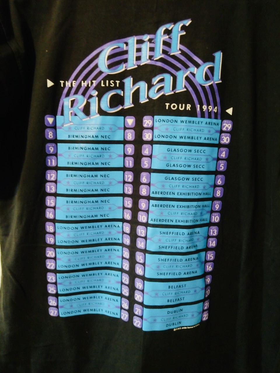 Bnwot Men’s Cliff Richard Black Blue Tour T-Shirt Large Cotton image 3