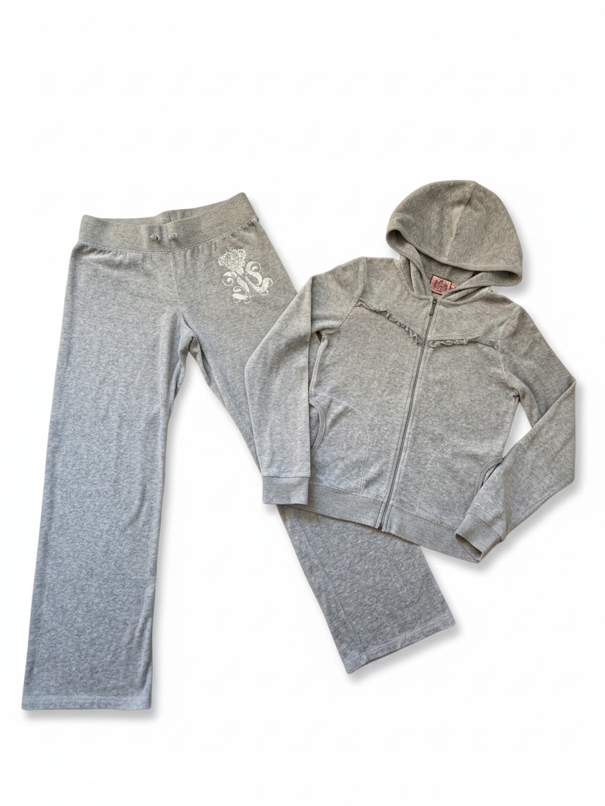 Vintage 2000s Juicy Couture Grey Velour Tracksuit Set Girls Y14 Women's XS Petite