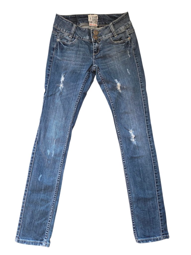 Vintage Y2K River Island Live and Uncut Low Rise Distressed Blue Jeans UK 6 W32