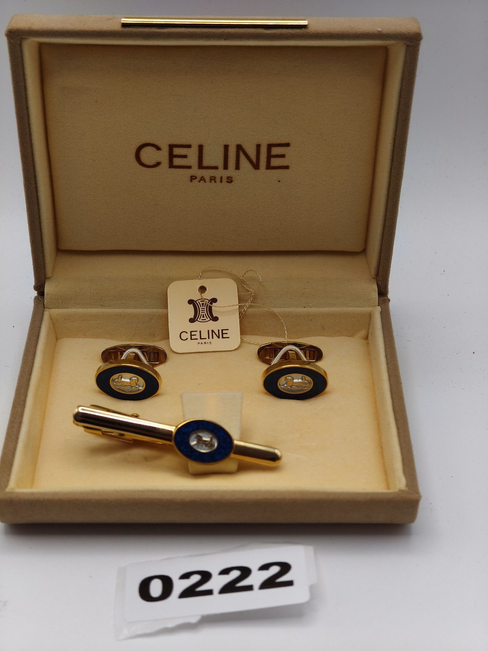 Celine Men's Gold & Blue Enamel Cufflinks & Tie Clip Set