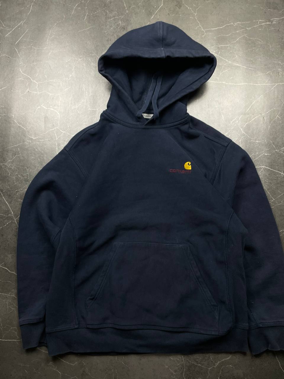Carhartt Navy Hooded American Script Sweatshirt Medium Cotton Blend