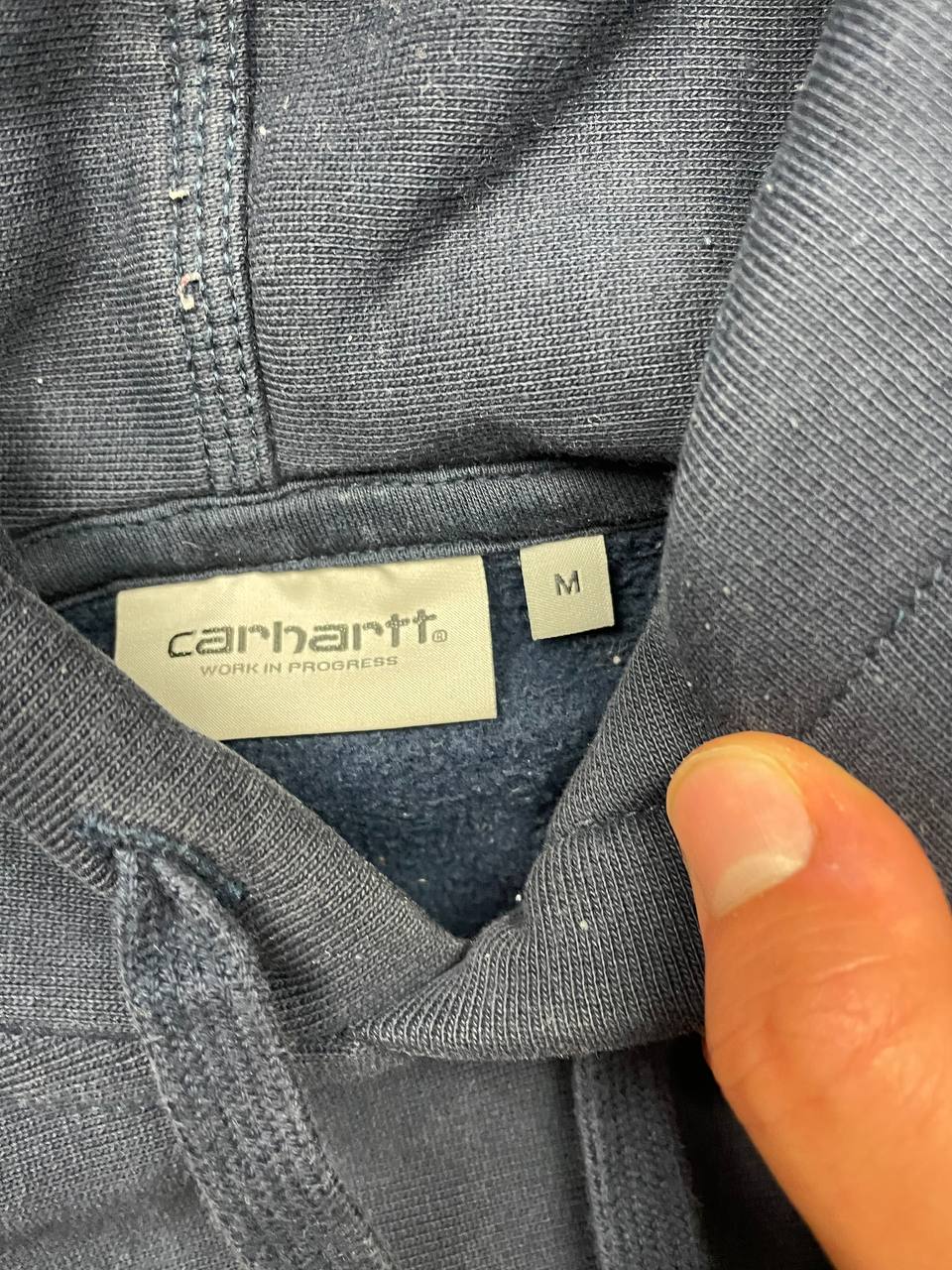 Carhartt Navy Hooded American Script Sweatshirt Medium Cotton Blend image 9