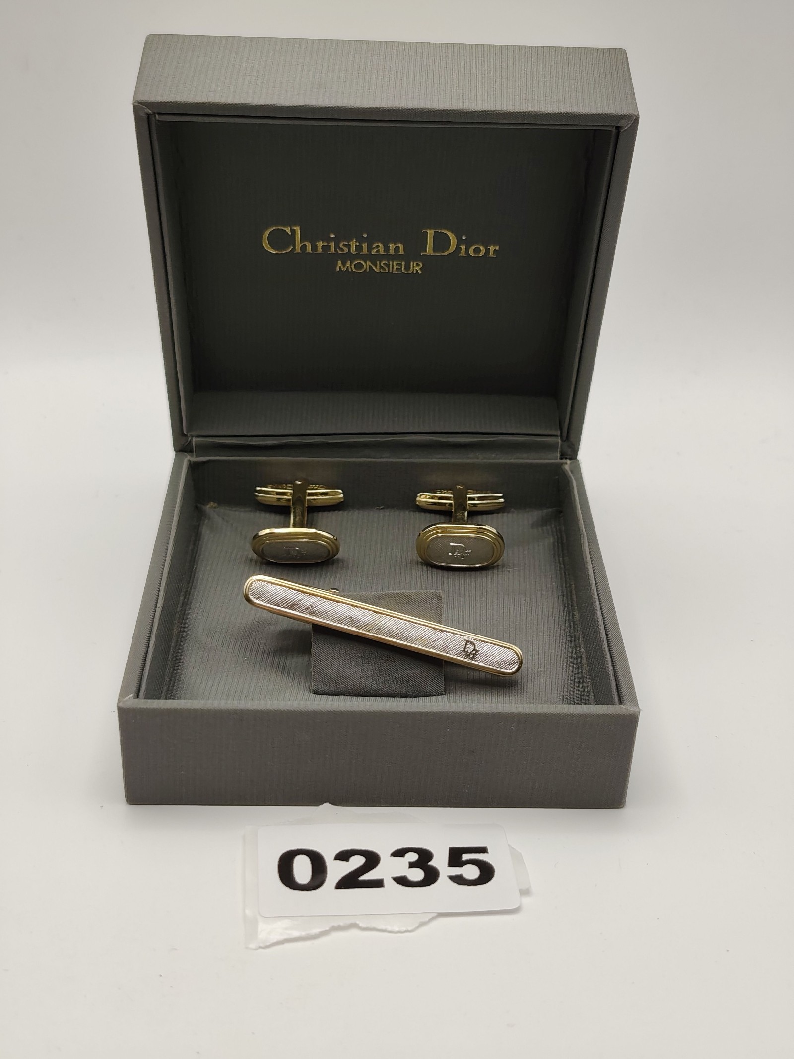 Christian Dior Men Gold & Silver Cufflinks & Tie Bar Set