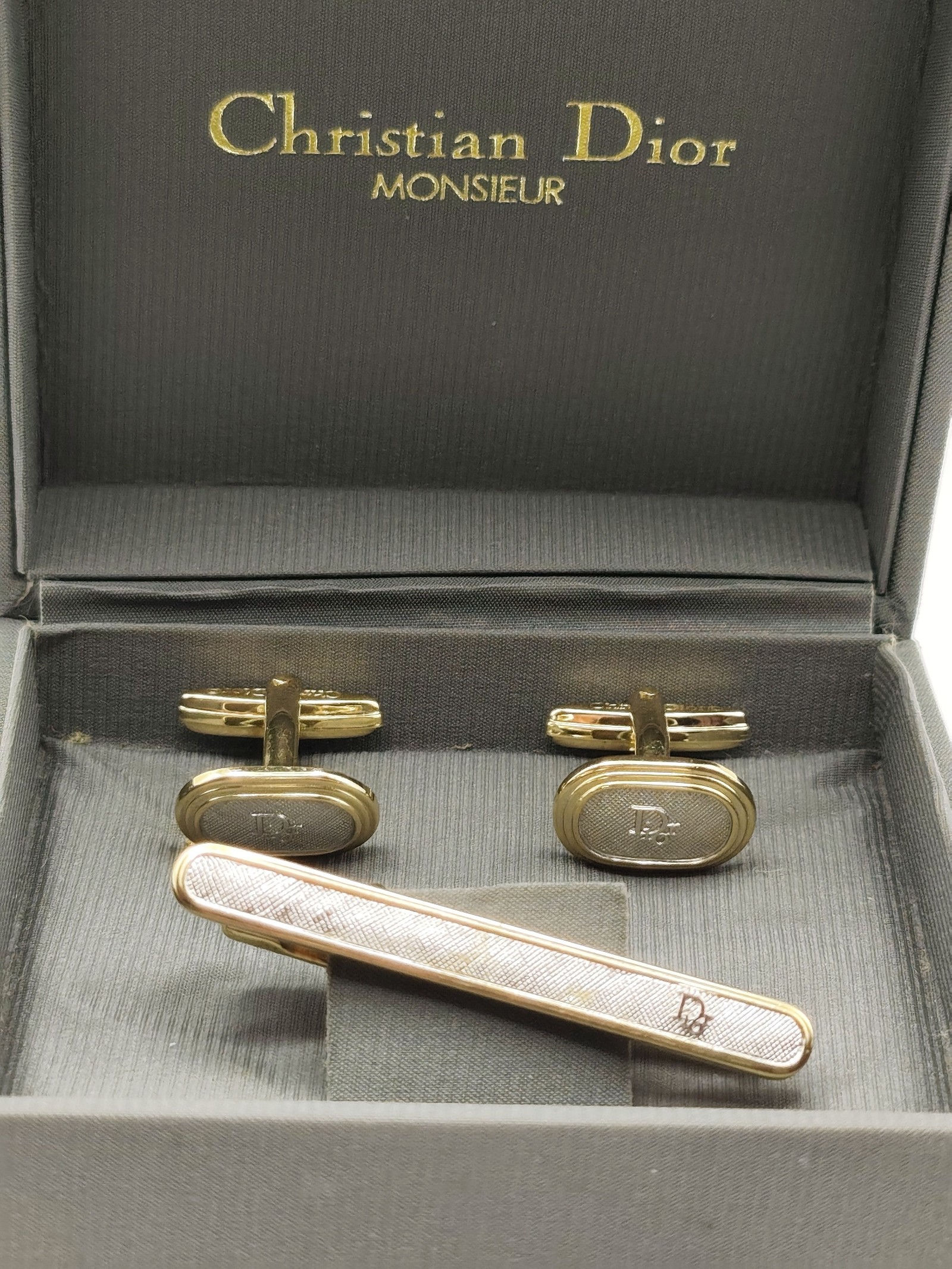 Christian Dior Men Gold & Silver Cufflinks & Tie Bar Set image 2