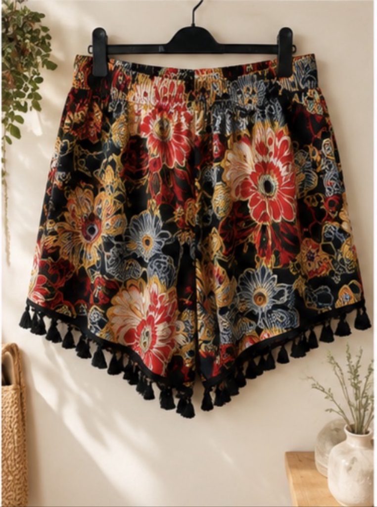 Multi Colour Women's 2XL Floral Pattern Tassel Hem Polyester Shorts