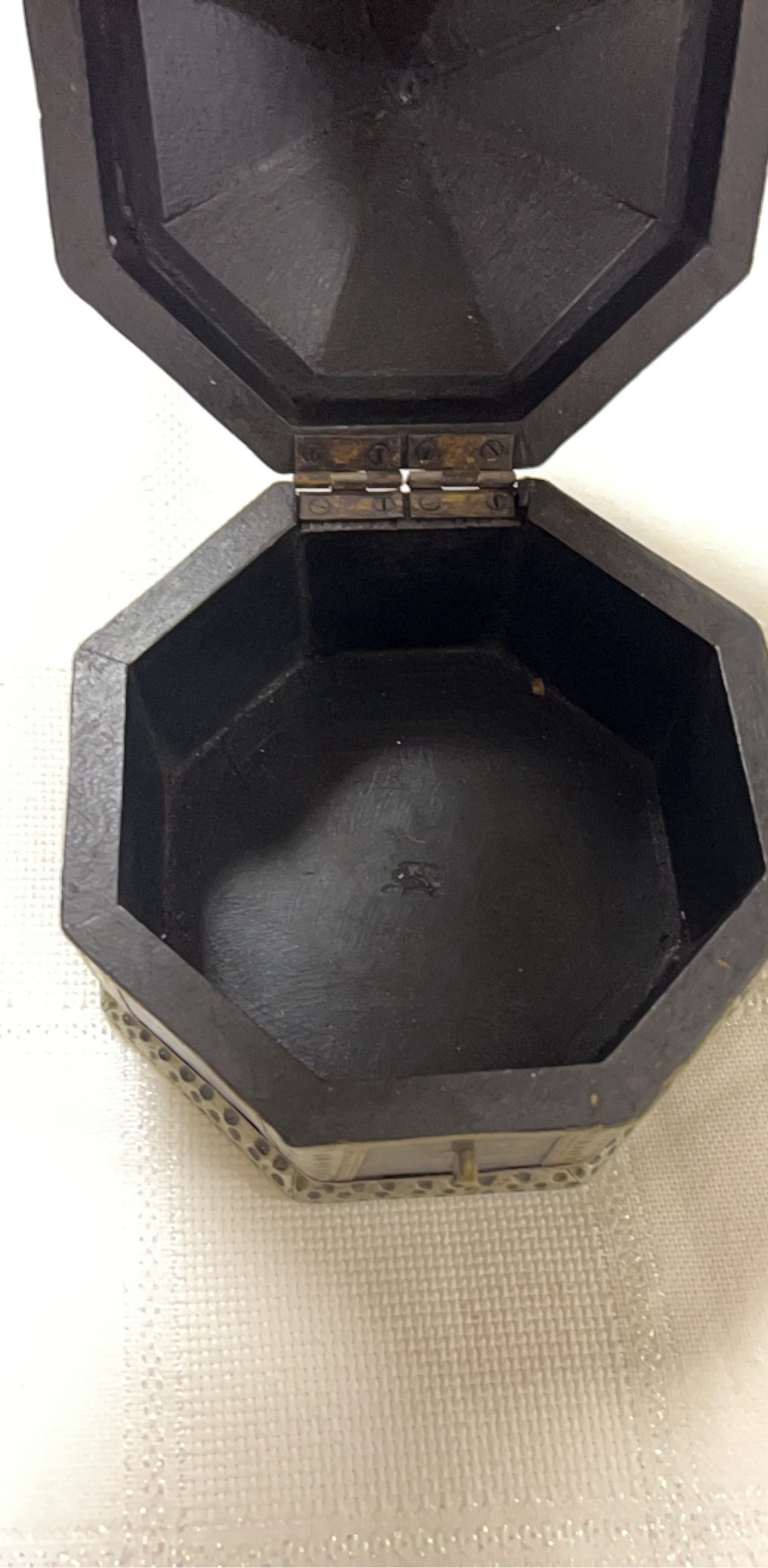 Antique Octagonal Dark Wood & Brass Jewellery Box 3.5 in image 3