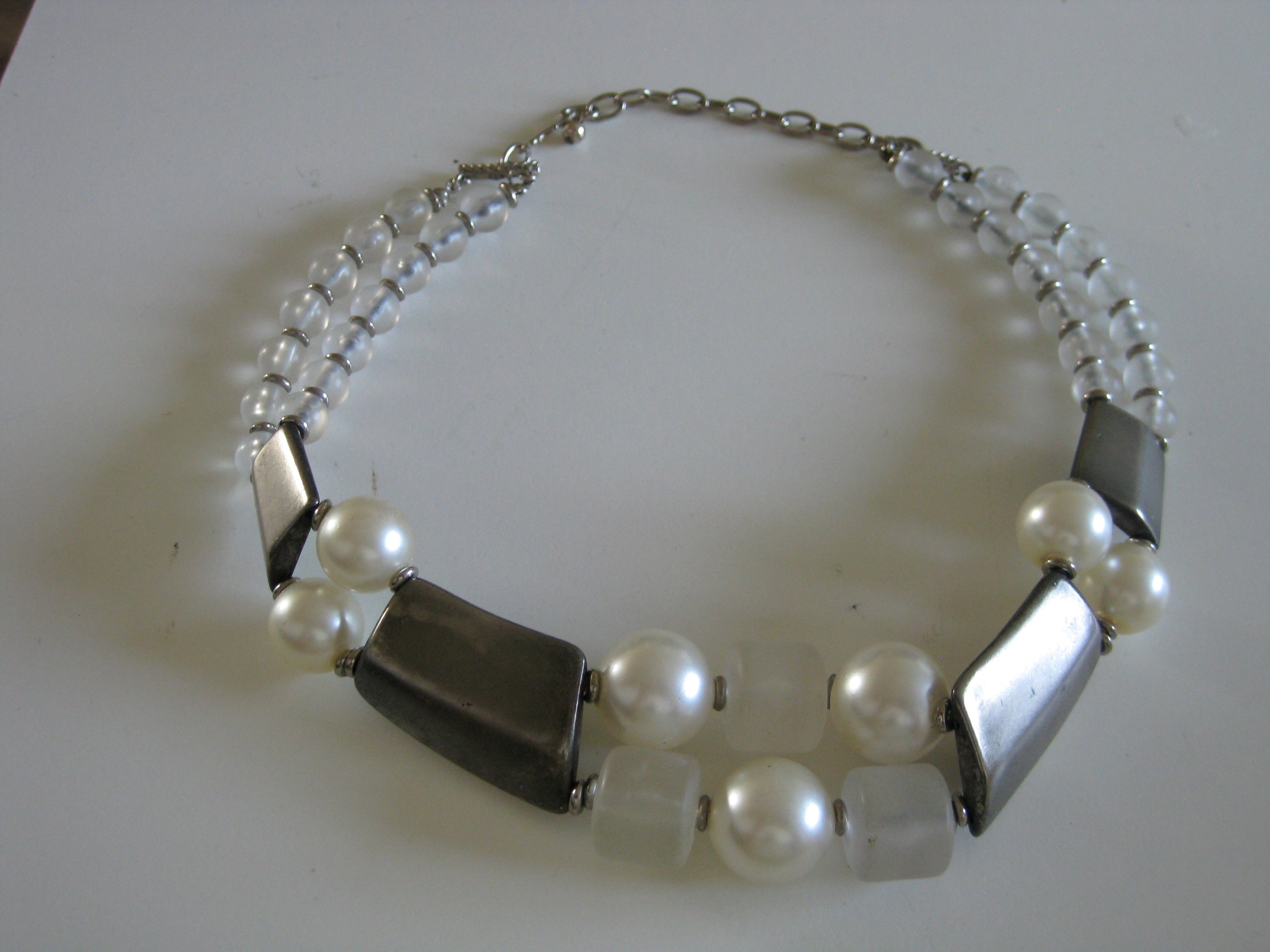 Silver & White Faux Pearl Beaded Necklace Unisex