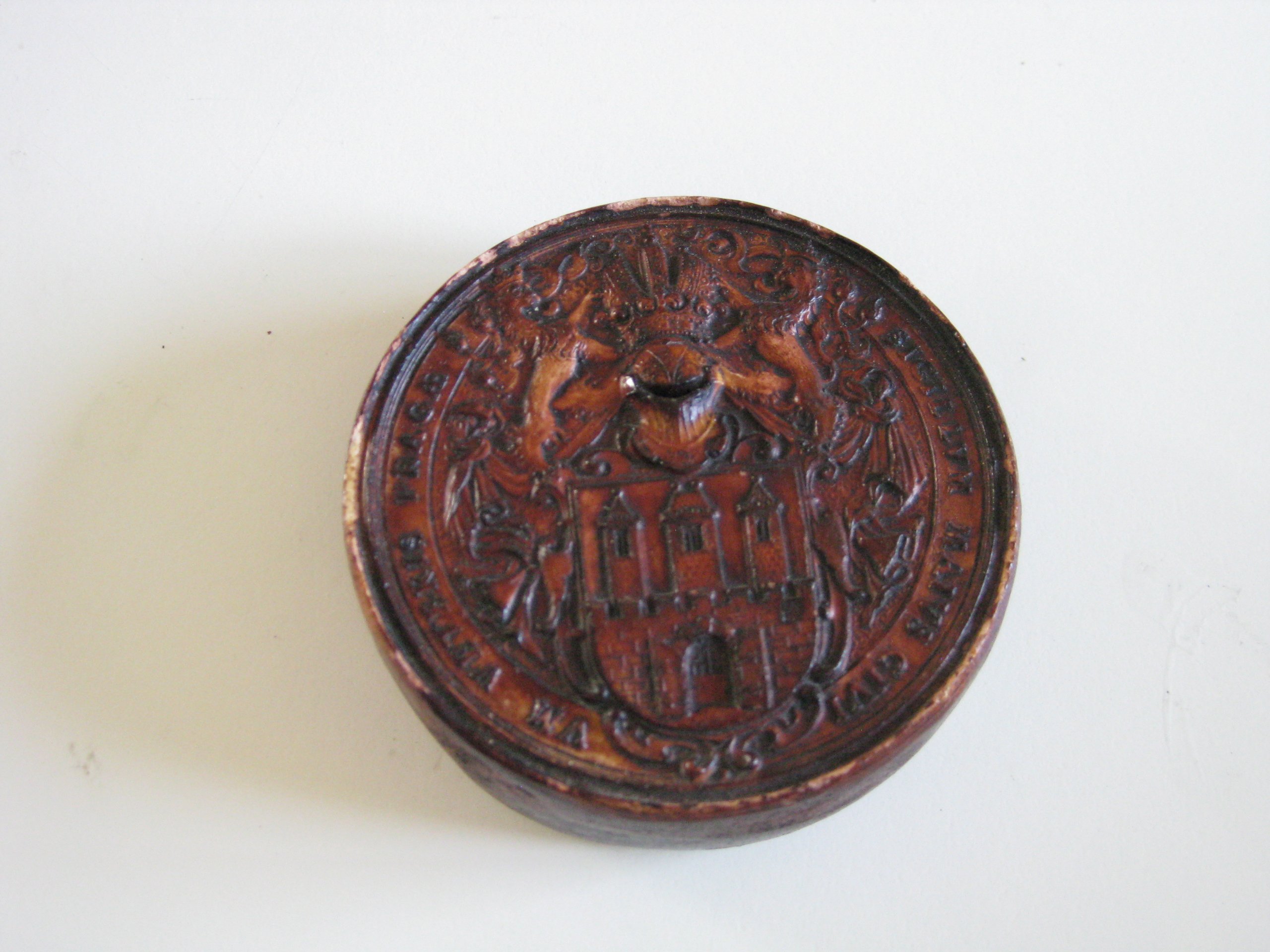 Antique Carved Wood Round Box with Heraldic Crest