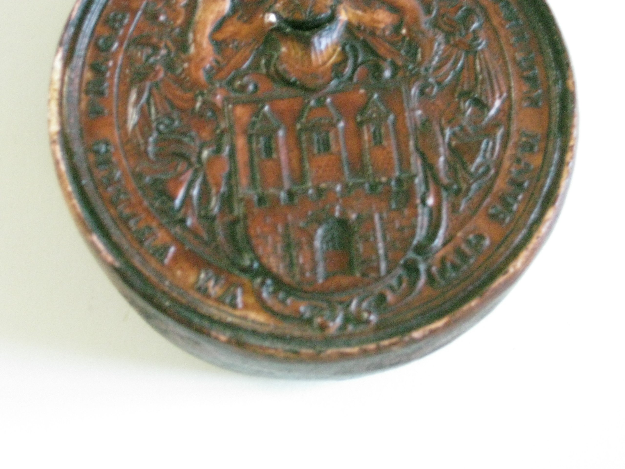 Antique Carved Wood Round Box with Heraldic Crest image 5