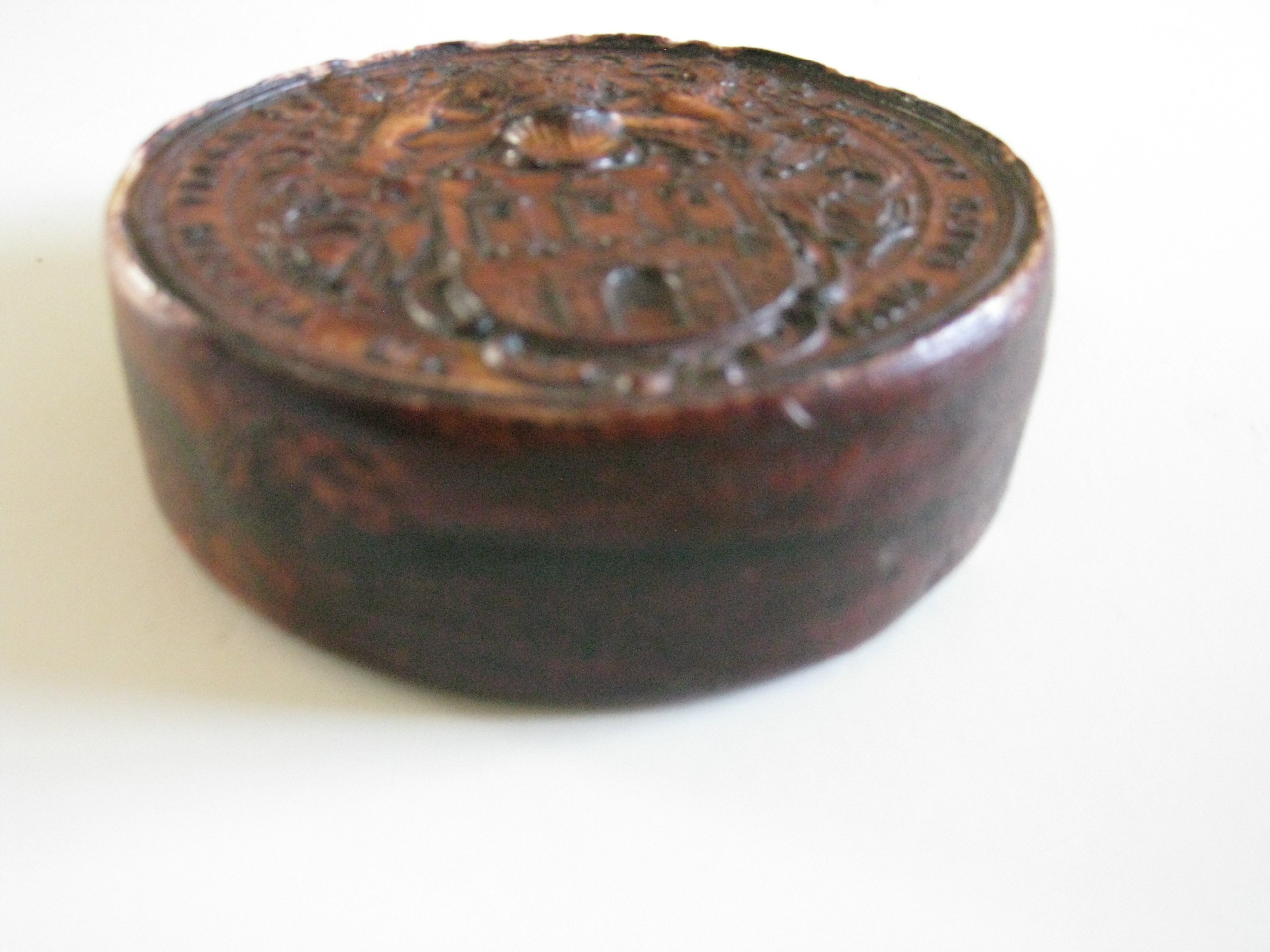 Antique Carved Wood Round Box with Heraldic Crest image 7