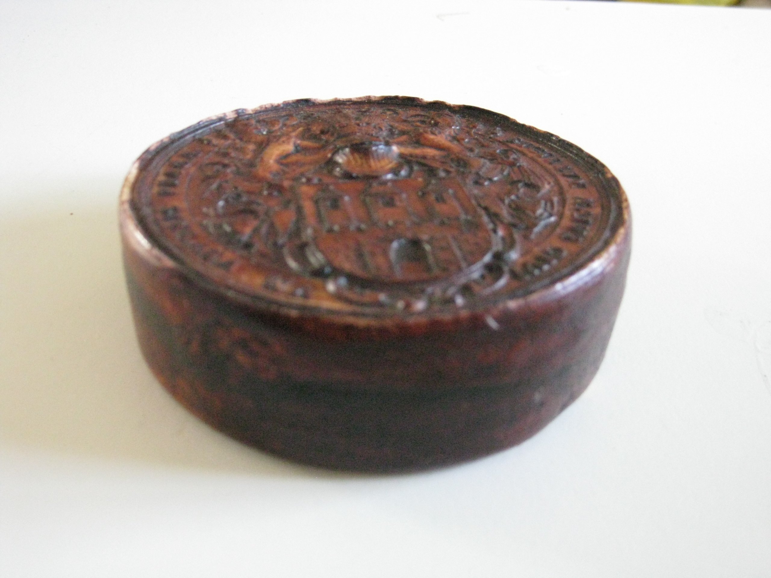 Antique Carved Wood Round Box with Heraldic Crest image 8