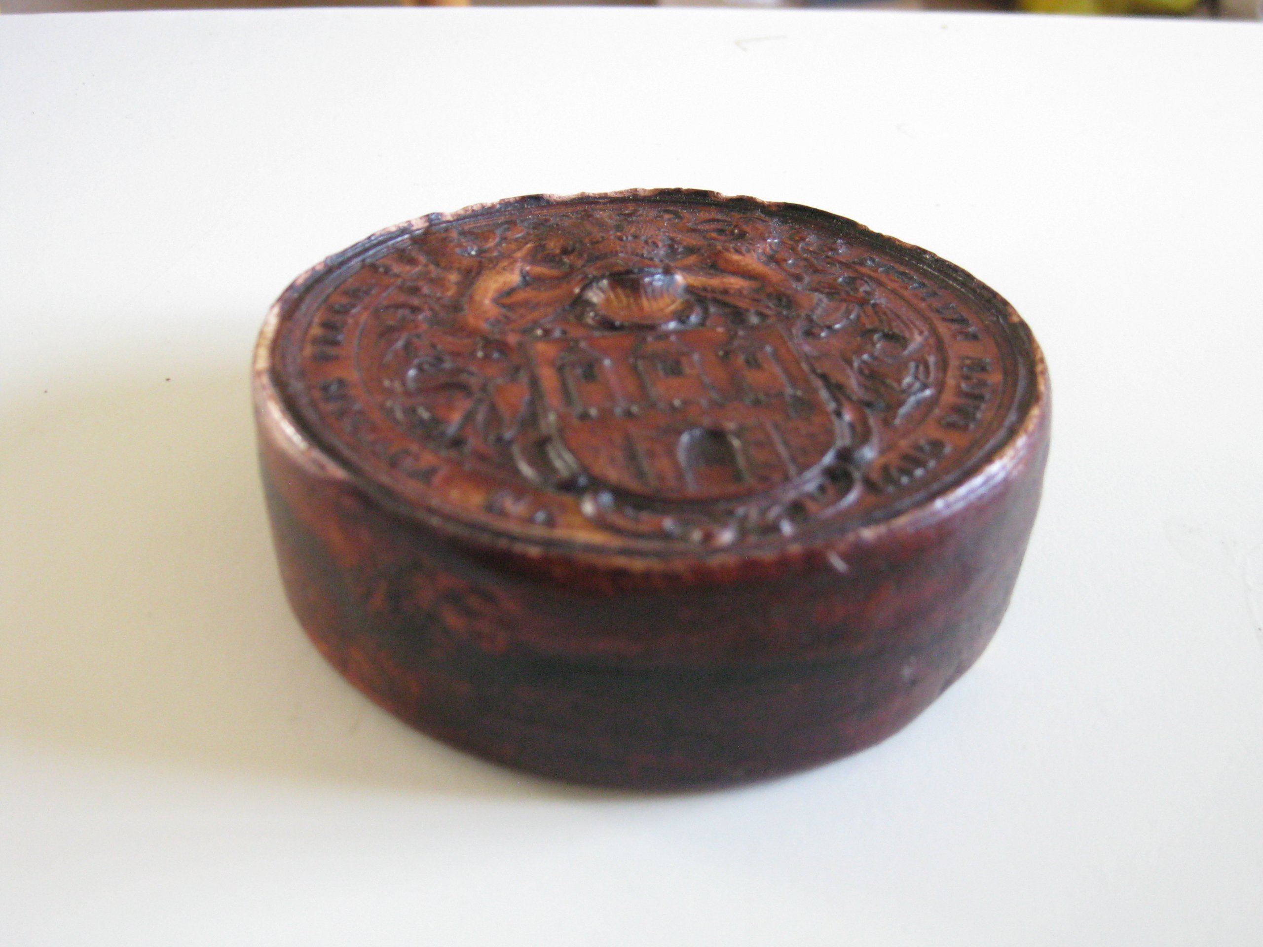Antique Carved Wood Round Box with Heraldic Crest image 9