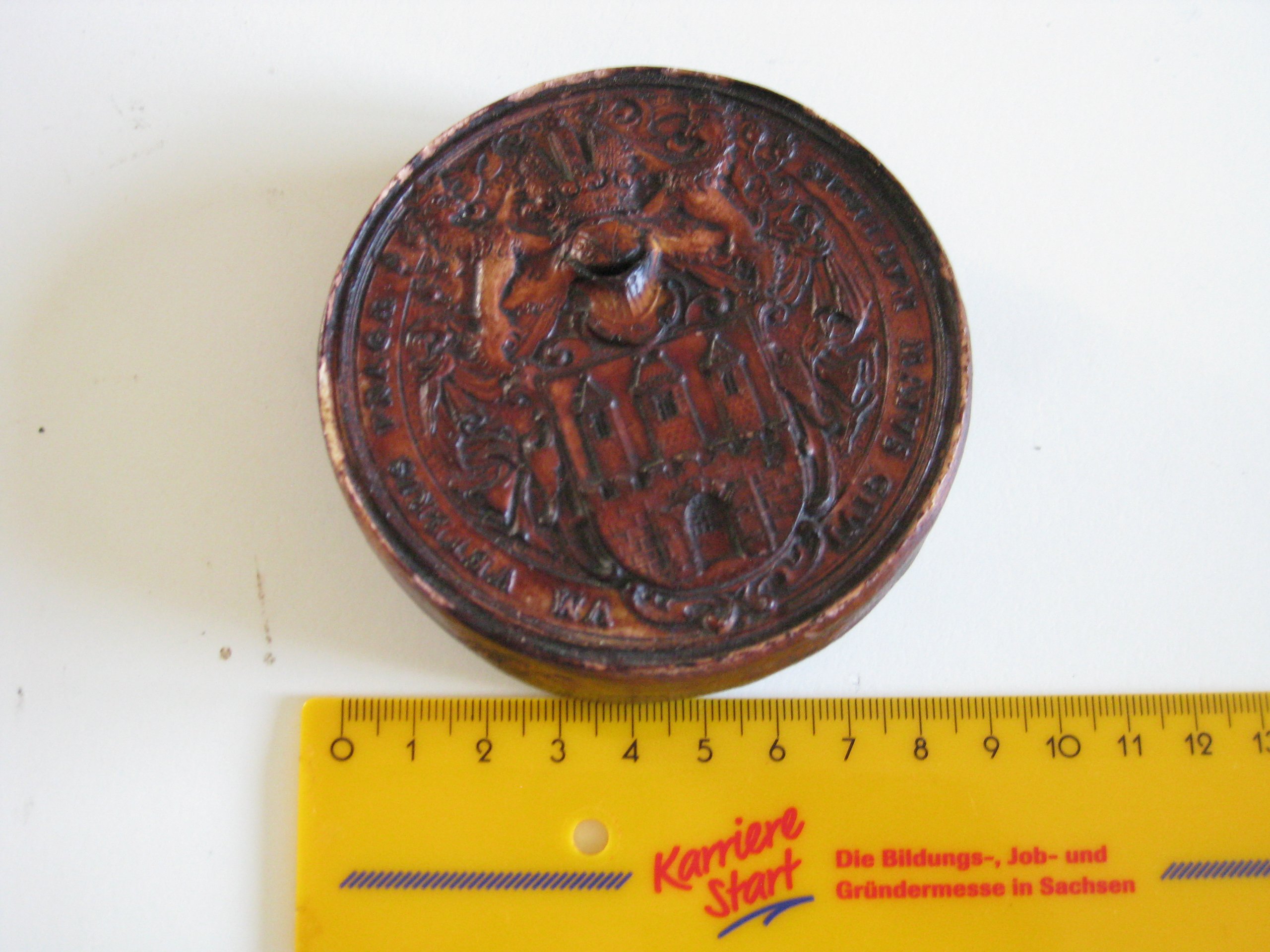Antique Carved Wood Round Box with Heraldic Crest image 10