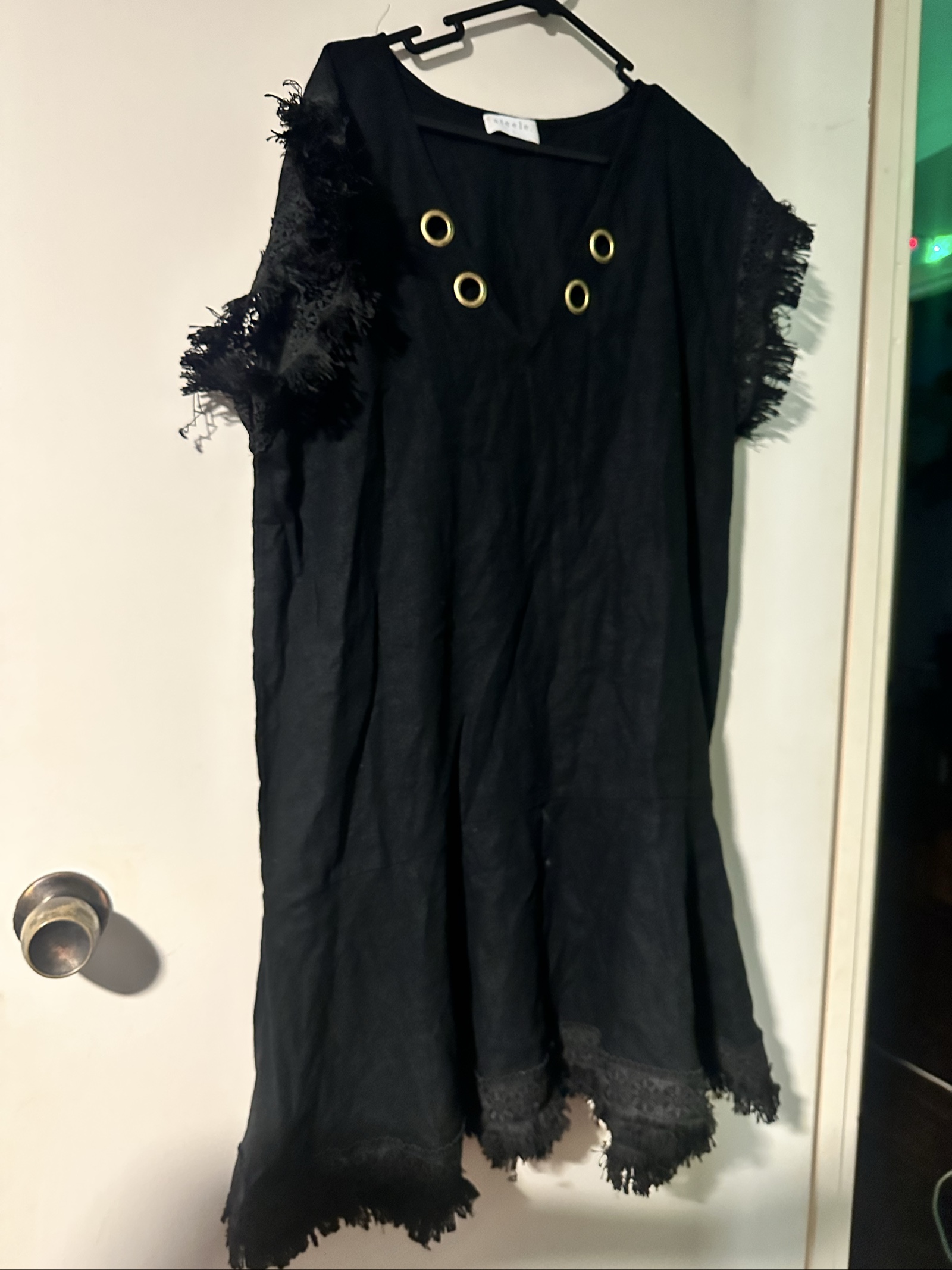 Steele Black Cotton Fringe Sleeve Dress Large