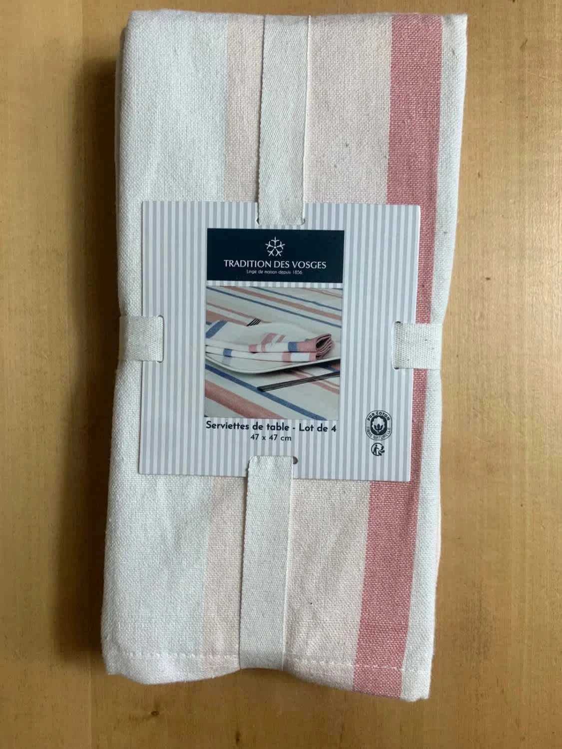 Tradition des Vosges Serviettes de Table Blanc & Rose - Lot de 4 - 47x47 cm