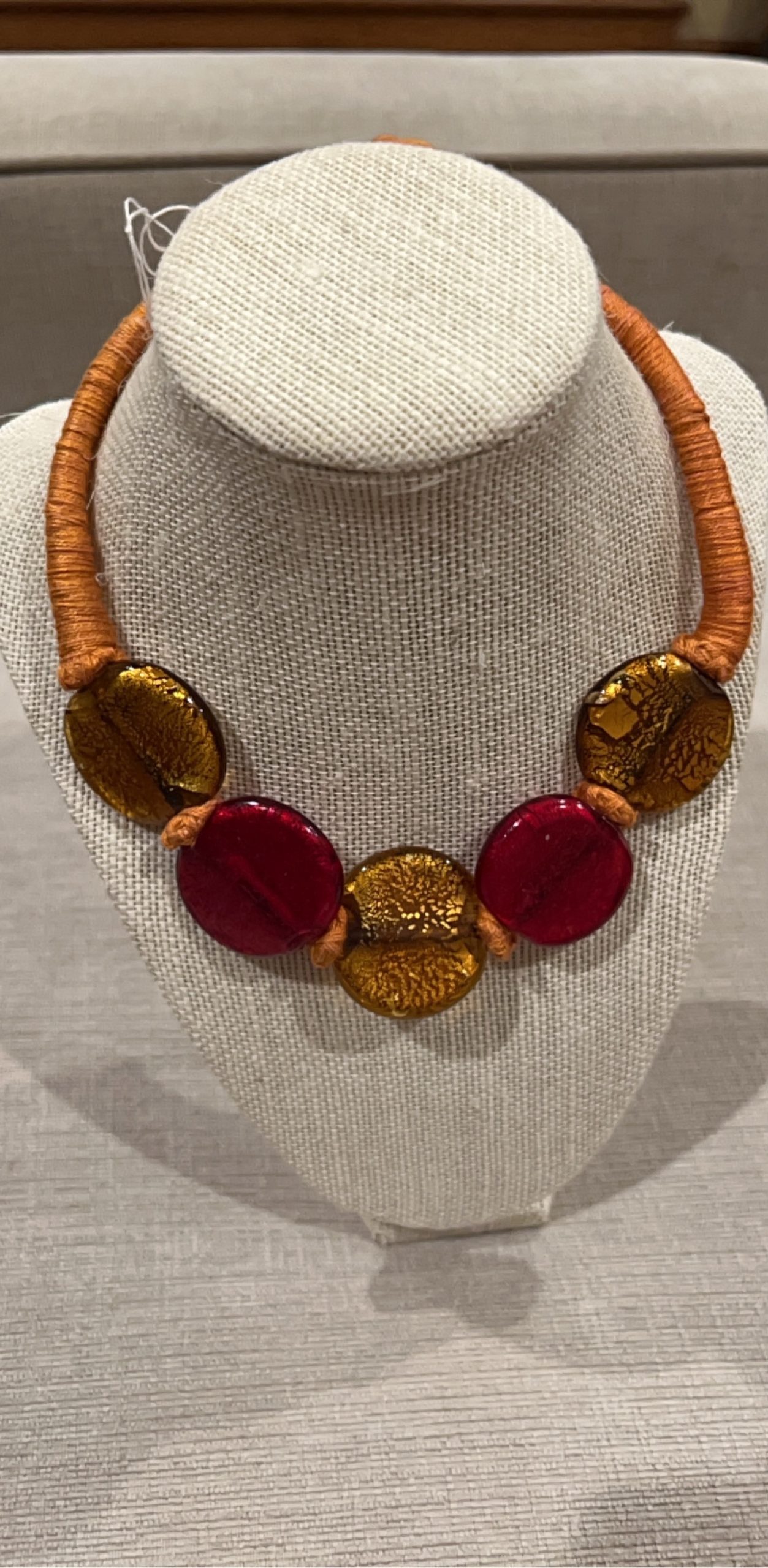 Handmade mustard yellow & Red Glass Bead Necklace with Knotted Cord