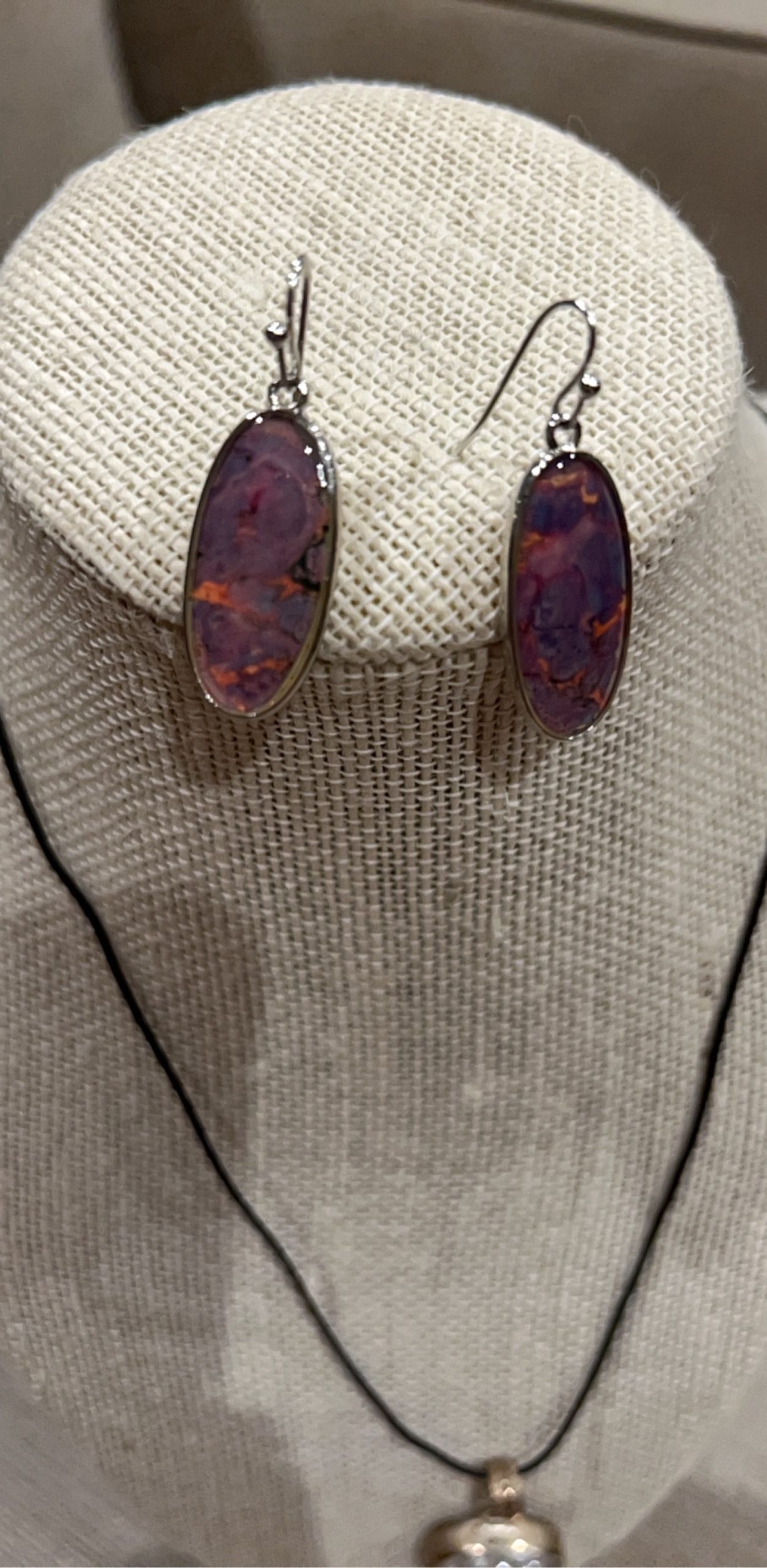 Handmade Sterling Silver clear quartz pendant, Mark 925 with Glass Purple Hook Earrings image 2