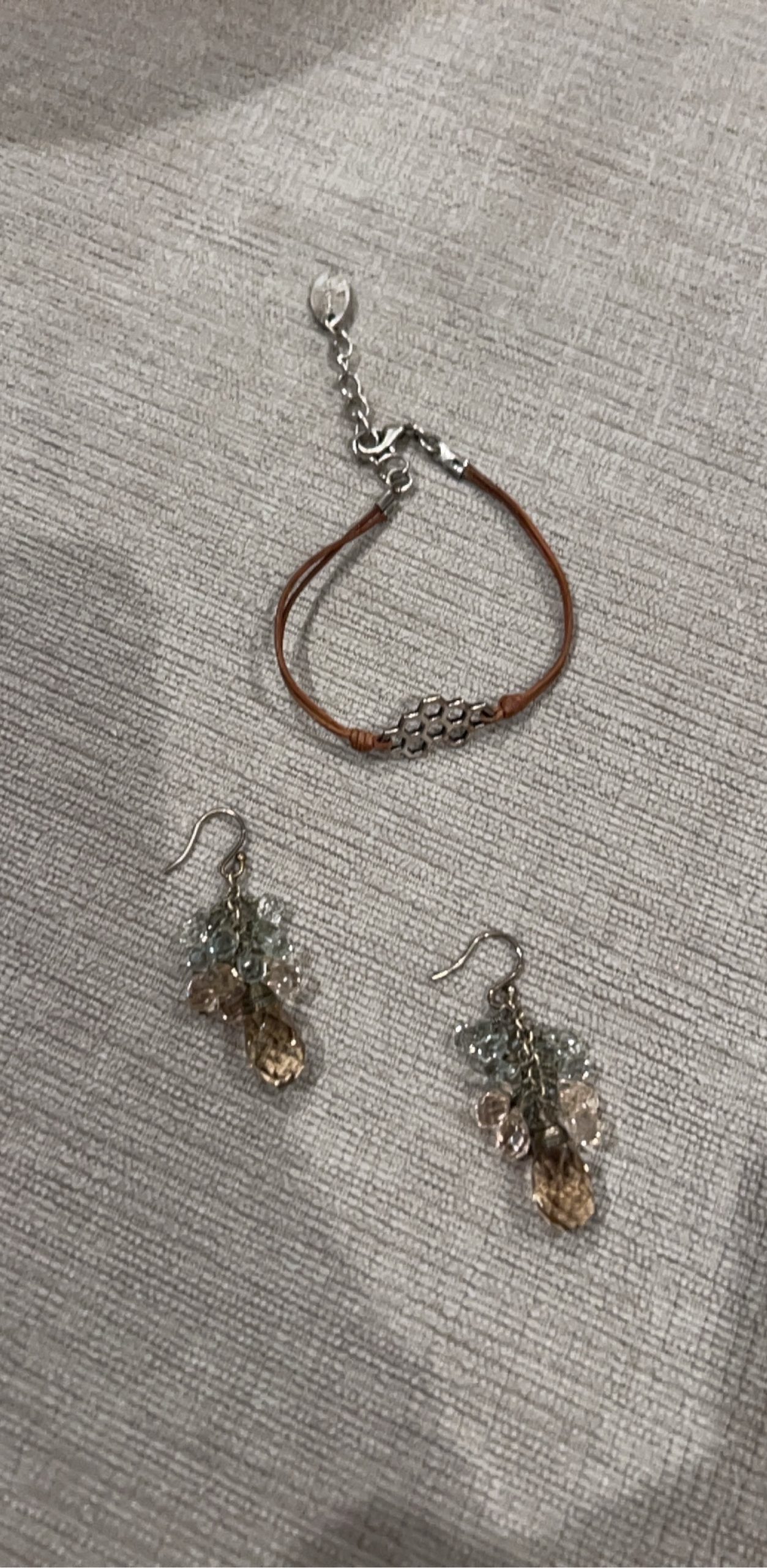 Brown Cord honeycomb Bracelet with Multi-Coloured Crystal Cluster Earrings