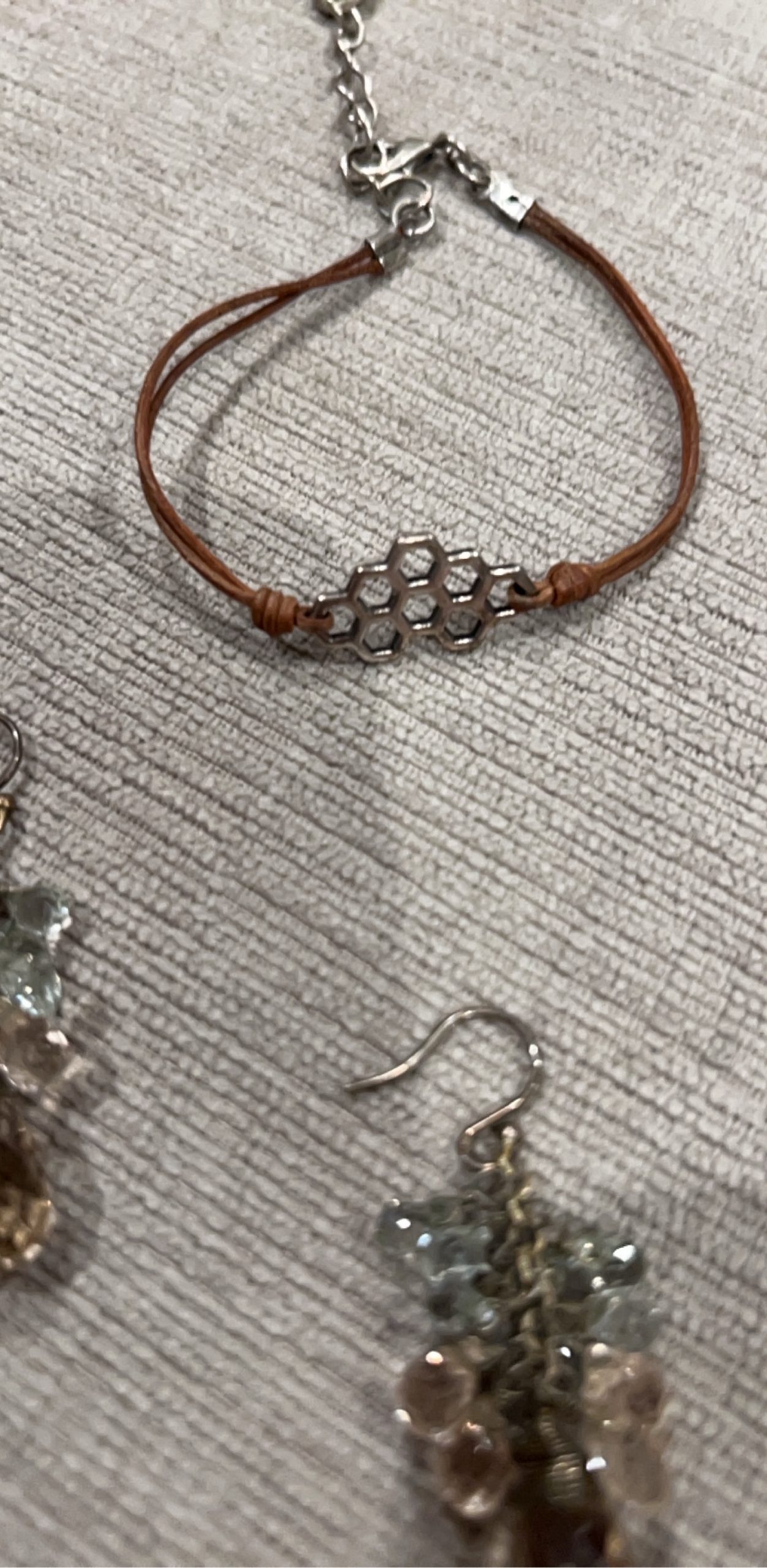 Brown Cord honeycomb Bracelet with Multi-Coloured Crystal Cluster Earrings image 3