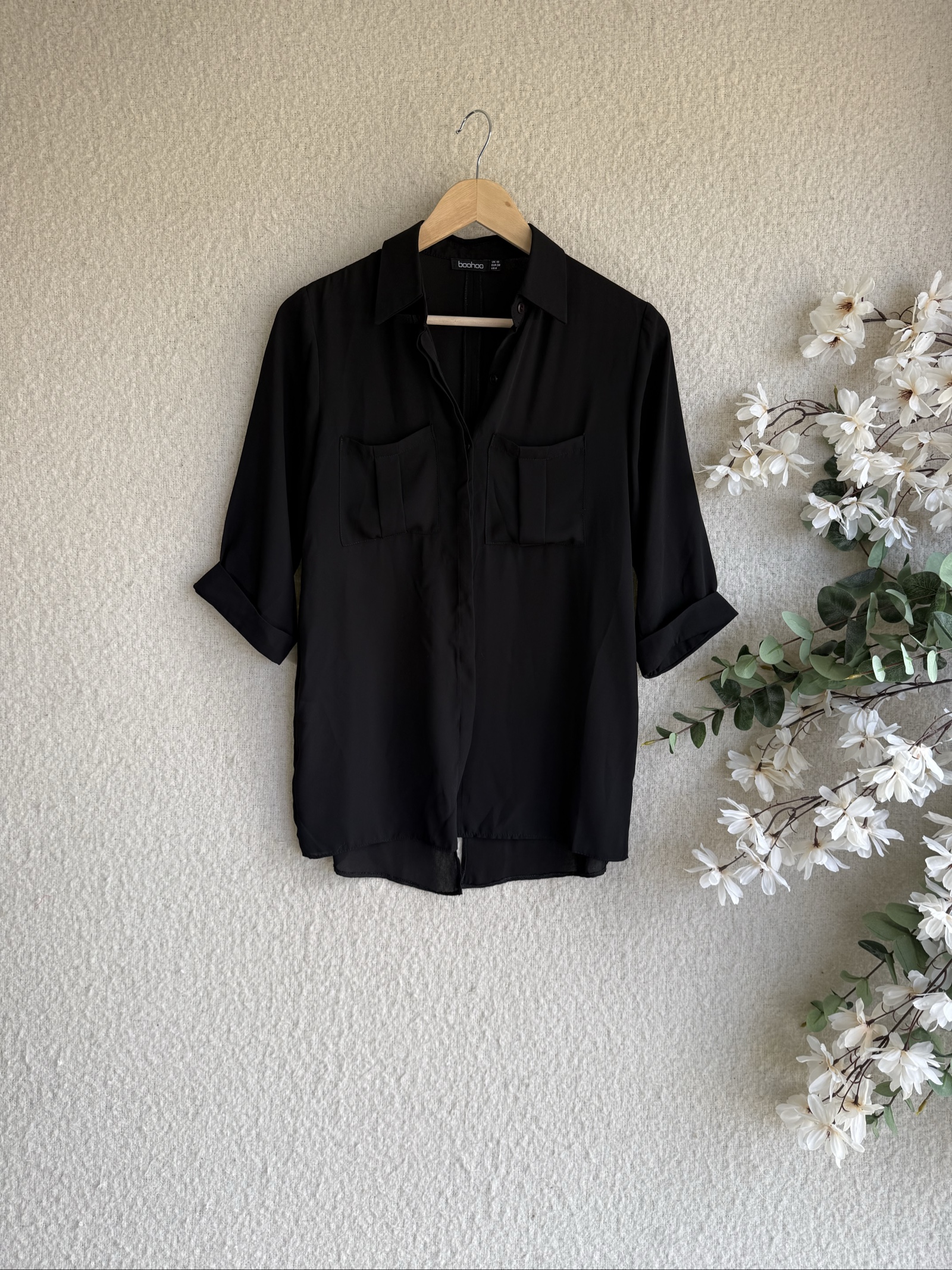 Boohoo Black Shirt UK 10 Long Sleeve Pocket Front Casual Blouse