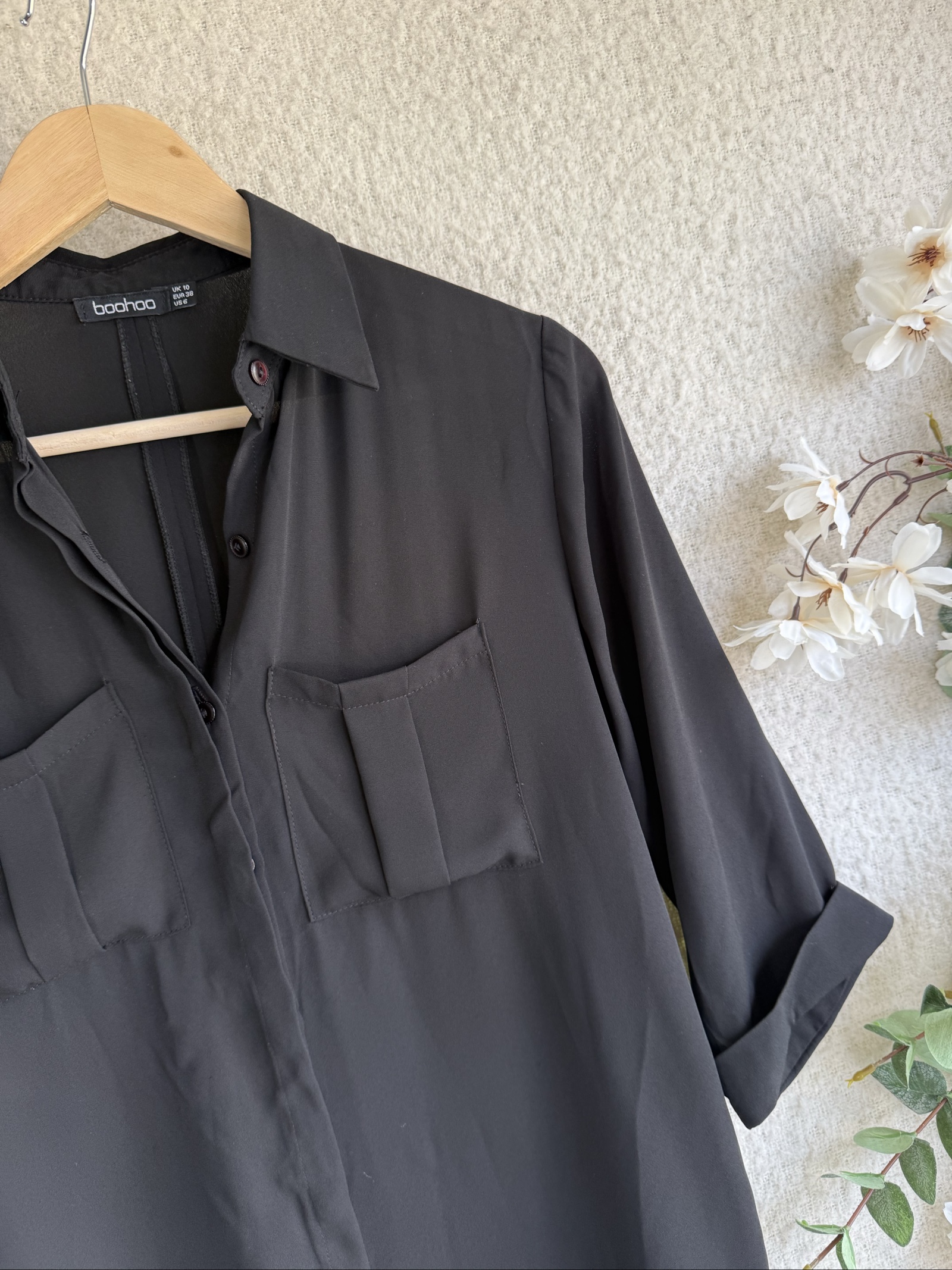Boohoo Black Shirt UK 10 Long Sleeve Pocket Front Casual Blouse image 2