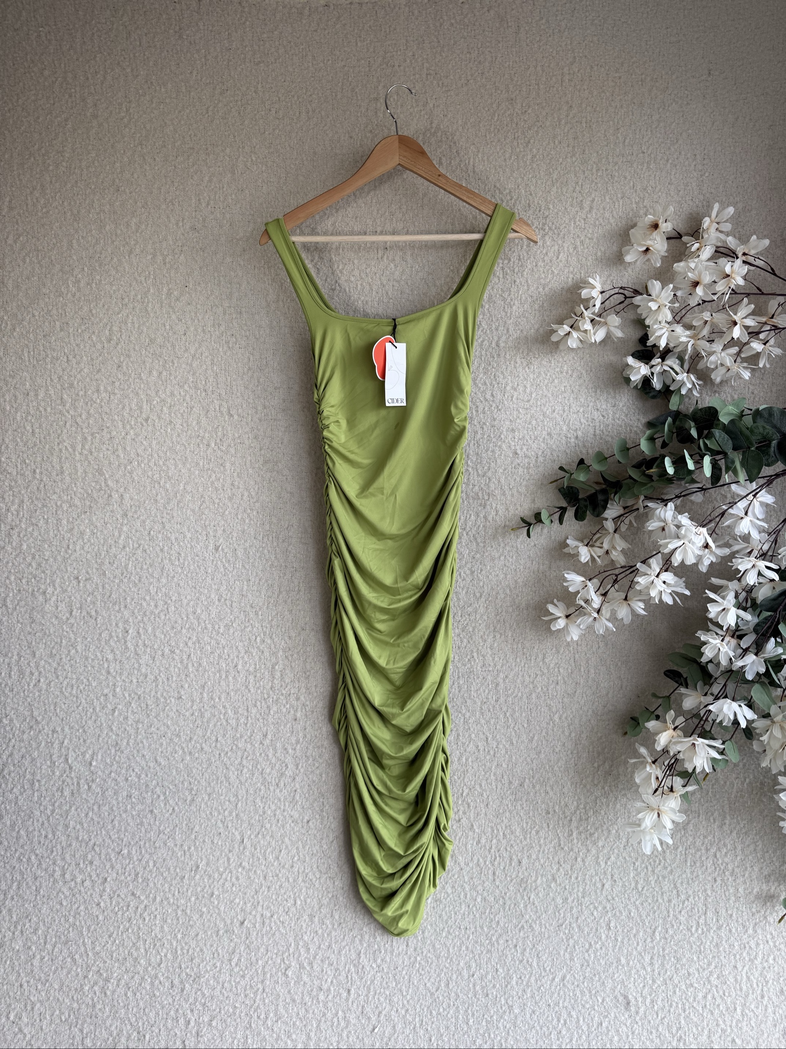 Cider Green Ruched Sleeveless Maxi Dress UK XS Elegant Stylish Occasion